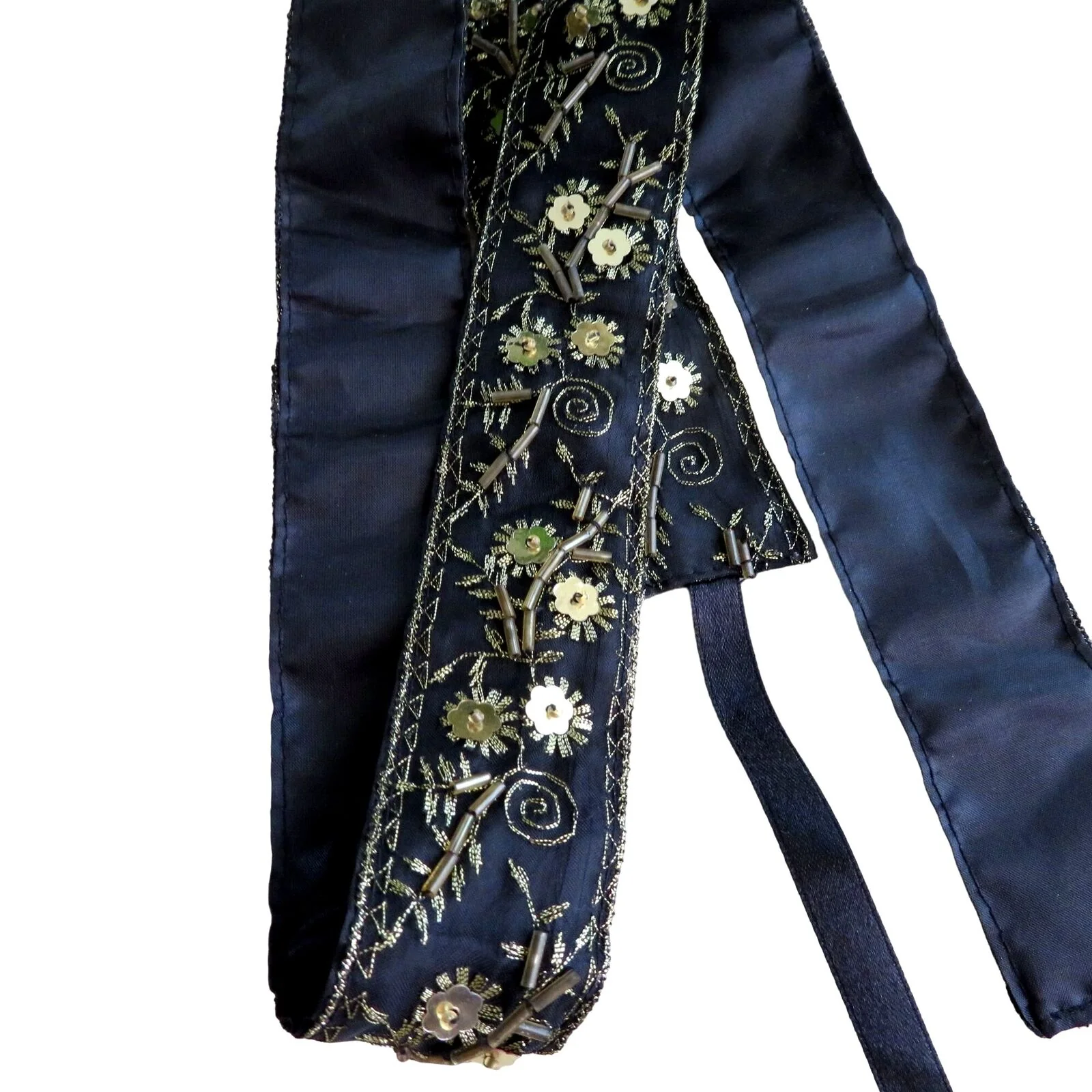 Vintage Black Silk Handmade Beaded Gold Floral Accent Belt Tie 36" Length - Image 5