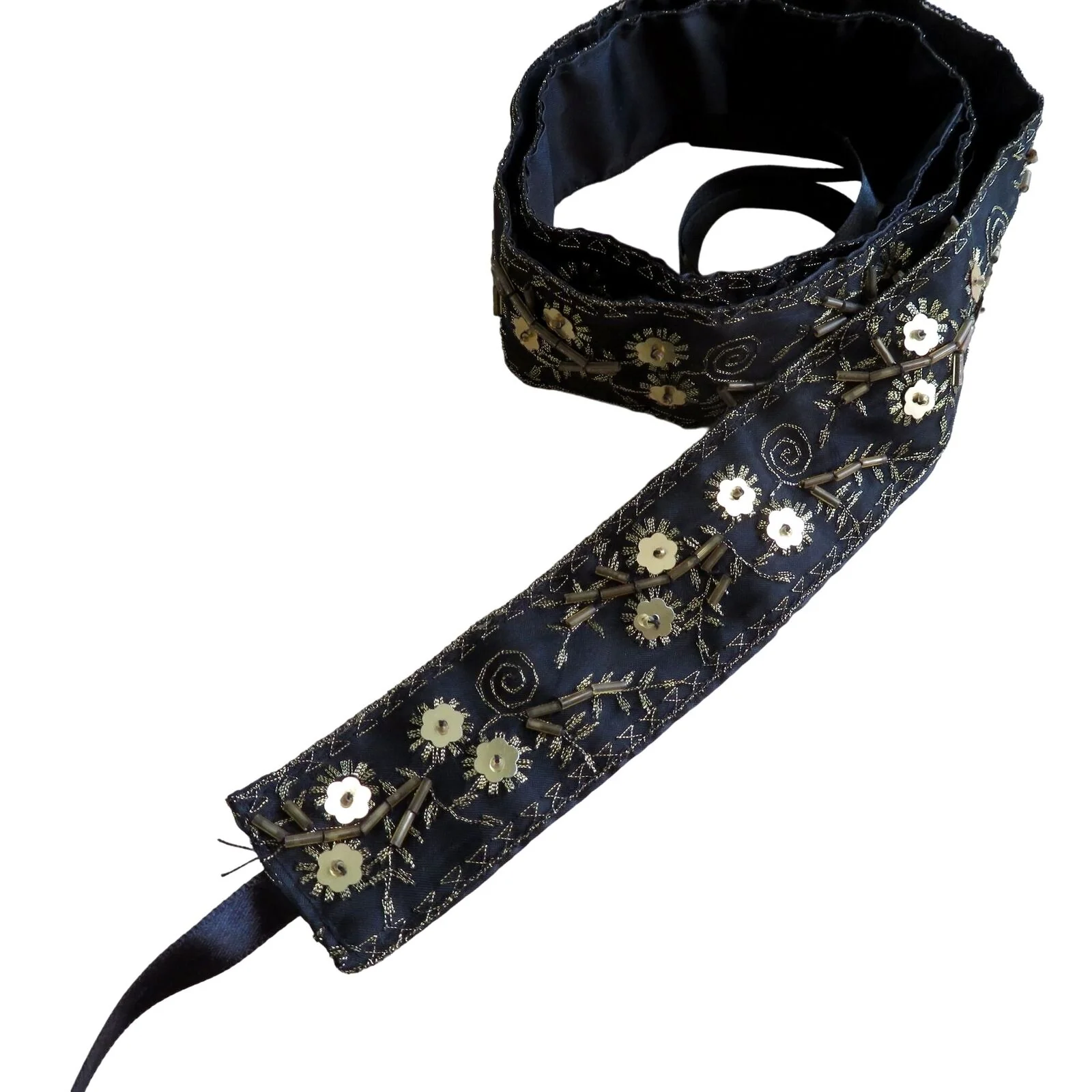 Vintage Black Silk Handmade Beaded Gold Floral Accent Belt Tie 36" Length - Image 6