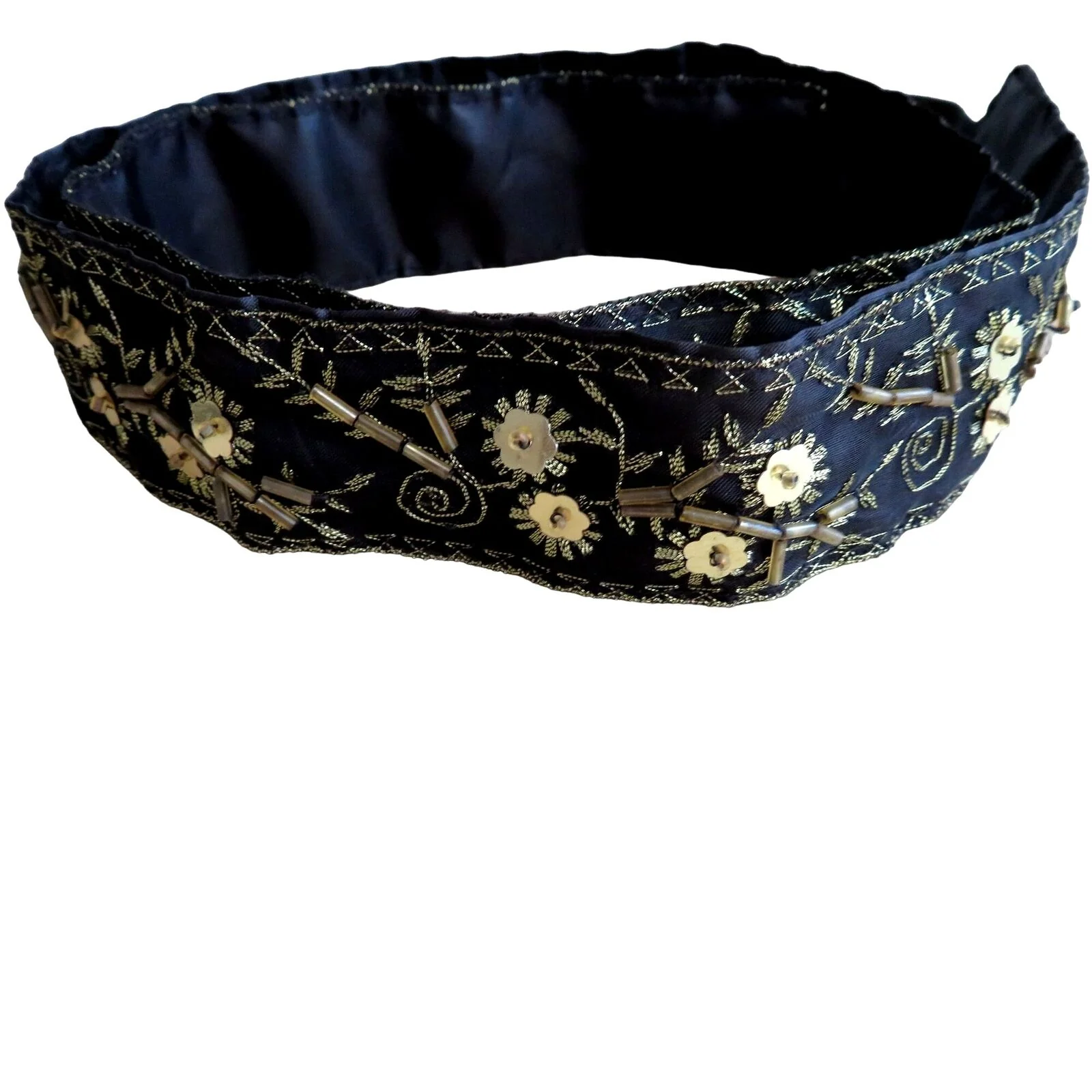 Vintage Black Silk Handmade Beaded Gold Floral Accent Belt Tie 36" Length - Image 8