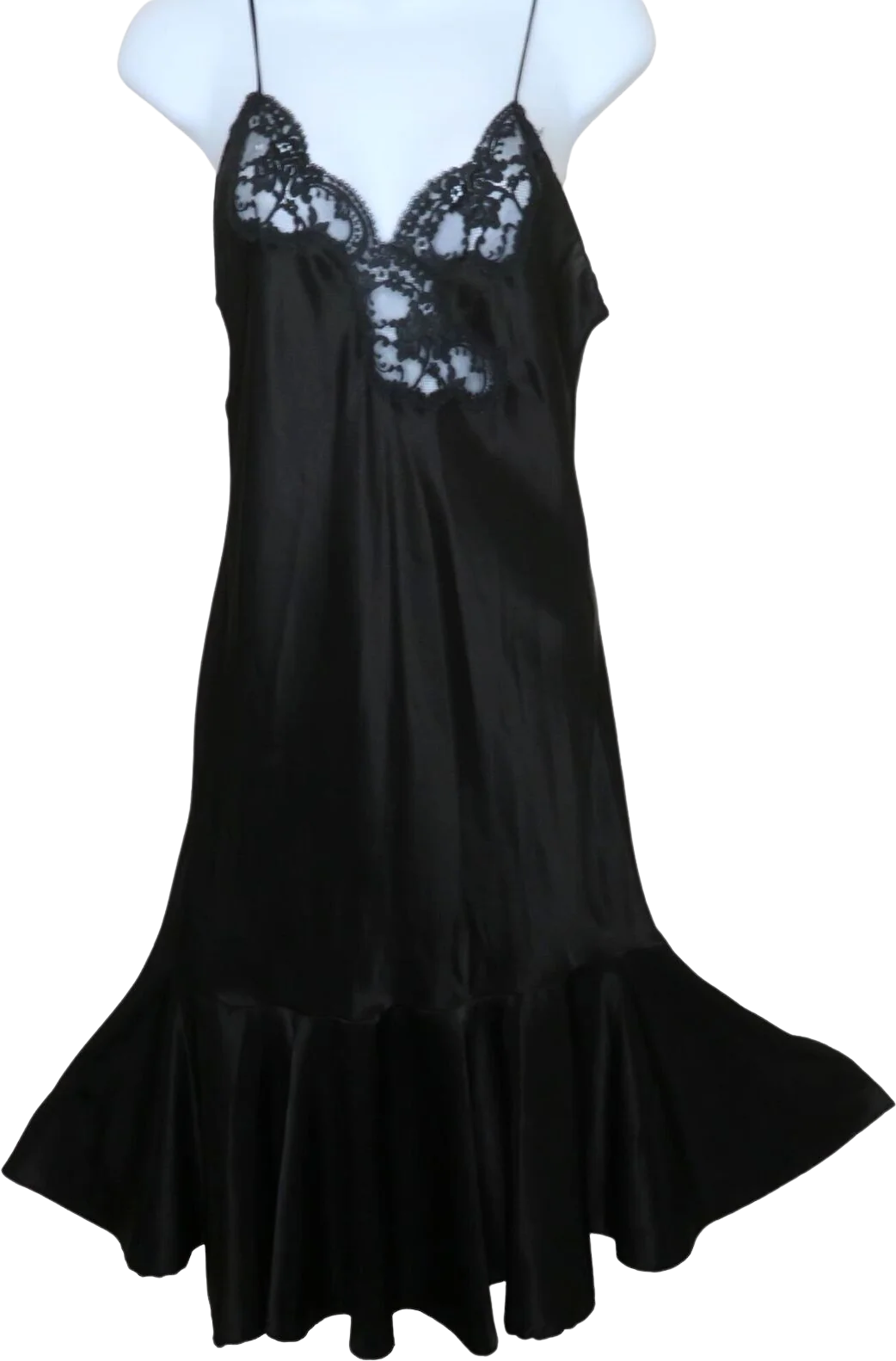 Vintage Black Slip Nightgown S Black Lace Low Back Ruffle Hem Spaghetti Strap