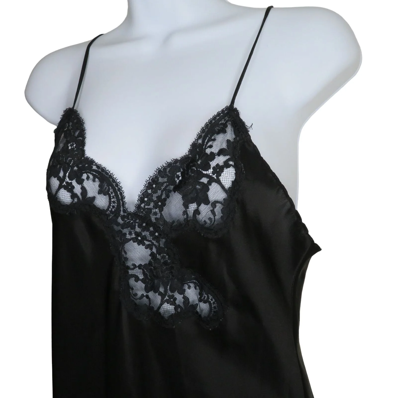 Vintage Black Slip Nightgown S Black Lace Low Back Ruffle Hem Spaghetti Strap - Image 6
