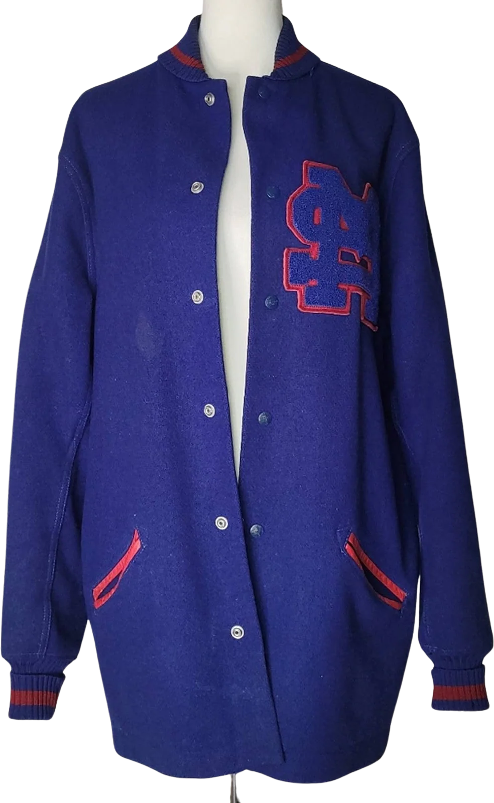 Vintage Blue and Burgundy Wool Letterman Button-Down Jacket- L/46 by H L Whiting Co
