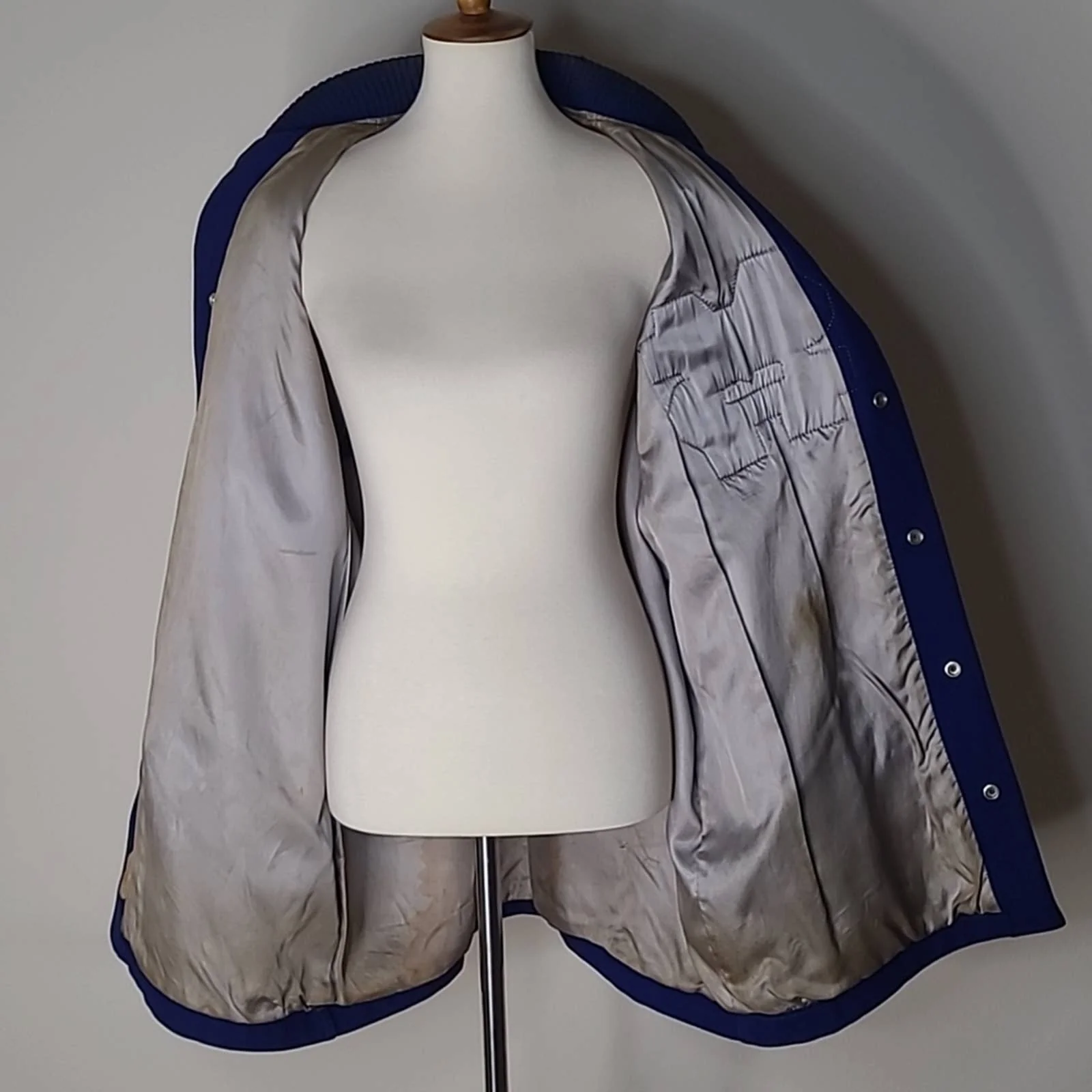 Vintage Blue and Burgundy Wool Letterman Button-Down Jacket- L/46 by H L Whiting Co - Image 11