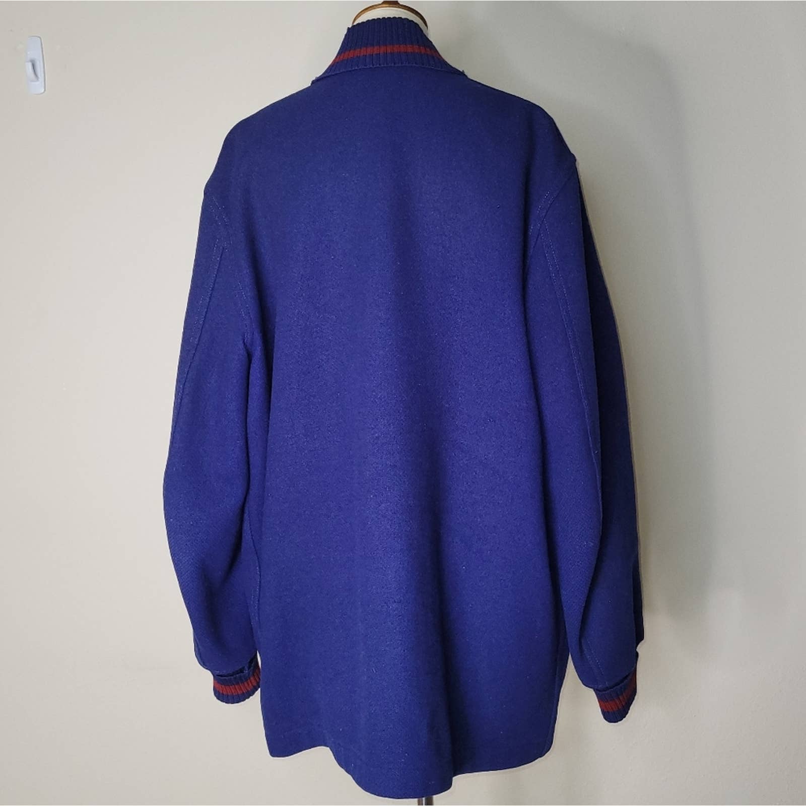 Vintage Blue and Burgundy Wool Letterman Button-Down Jacket- L/46 by H L Whiting Co - Image 2