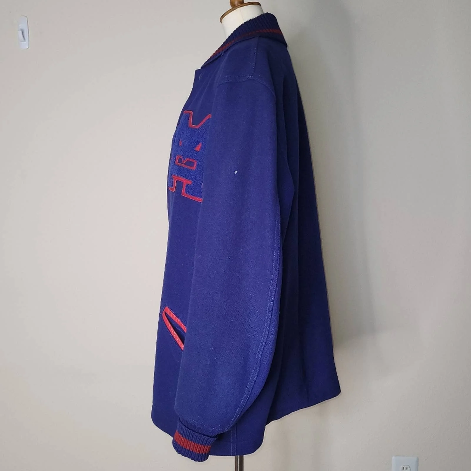 Vintage Blue and Burgundy Wool Letterman Button-Down Jacket- L/46 by H L Whiting Co - Image 3