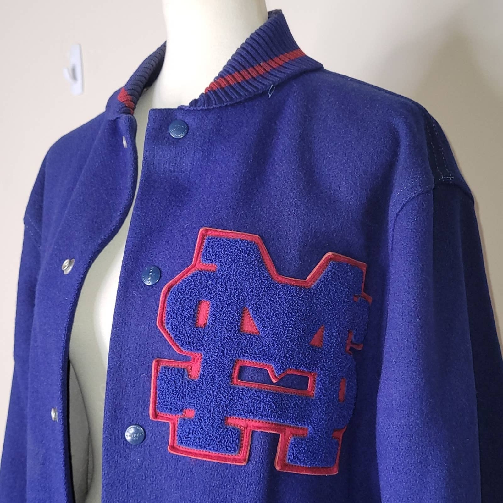 Vintage Blue and Burgundy Wool Letterman Button-Down Jacket- L/46 by H L Whiting Co - Image 6