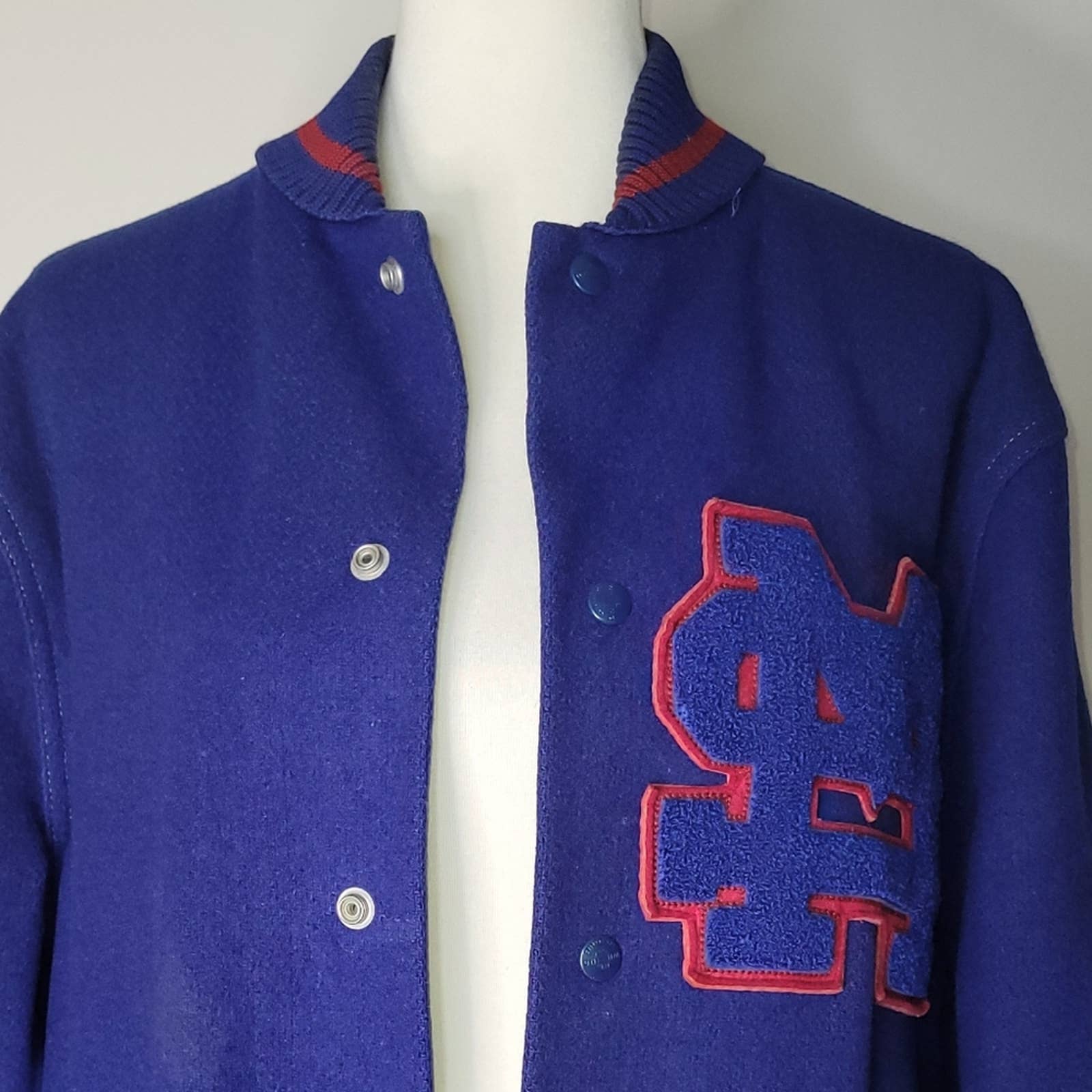 Vintage Blue and Burgundy Wool Letterman Button-Down Jacket- L/46 by H L Whiting Co - Image 7