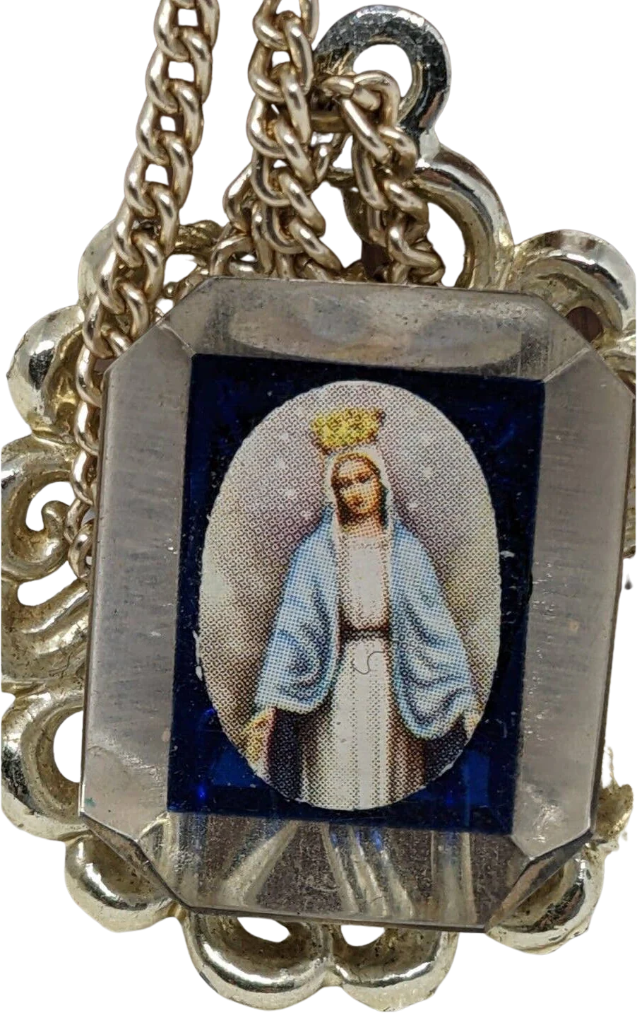 Vintage Blue Enamel Lucite Cameo Pendant Medal Miraculous Virgin Mary Necklace