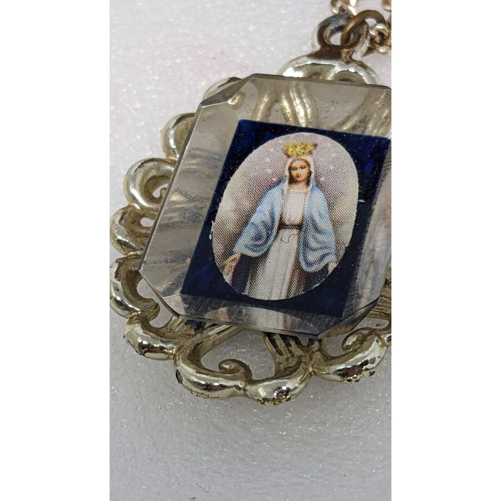 Vintage Blue Enamel Lucite Cameo Pendant Medal Miraculous Virgin Mary Necklace - Image 2