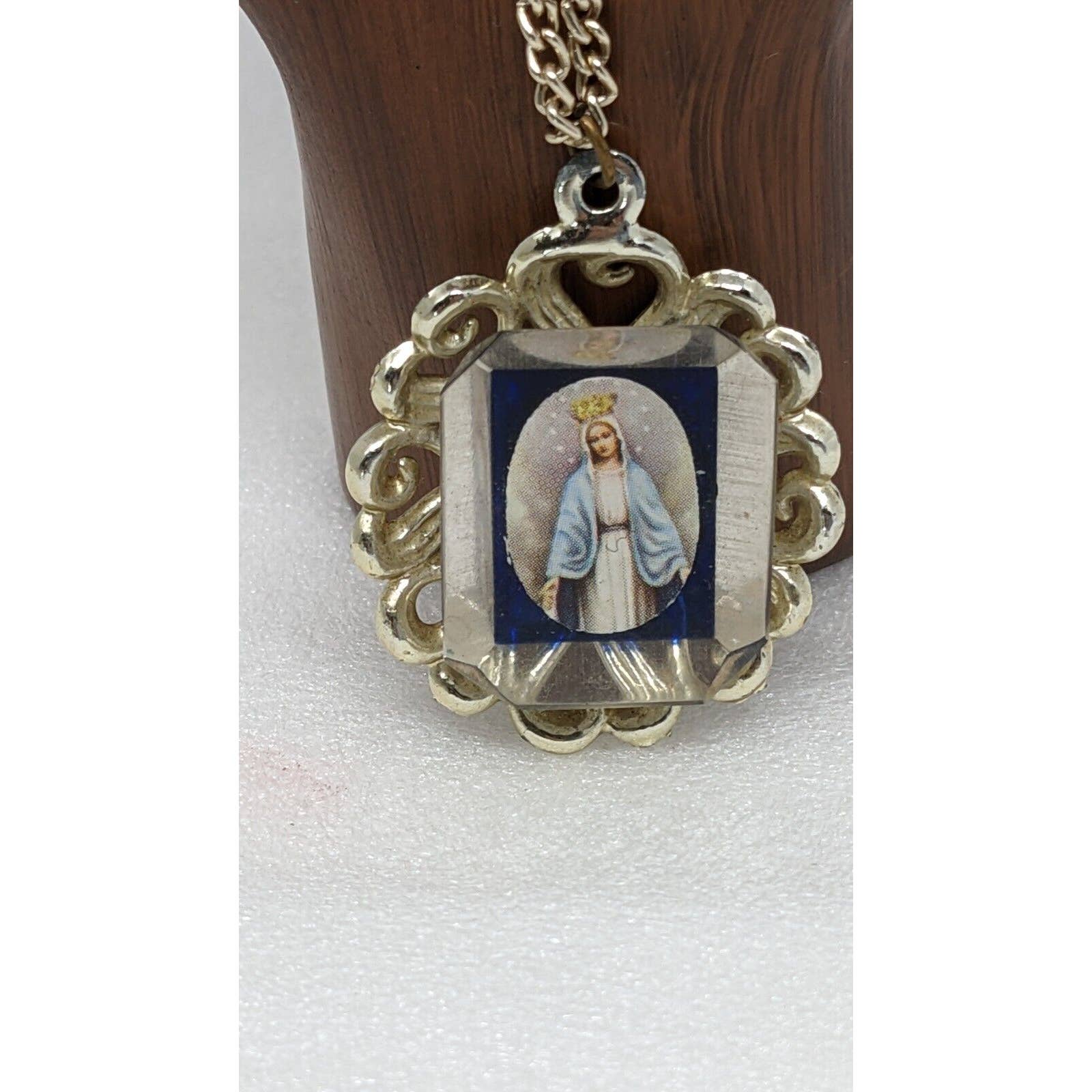 Vintage Blue Enamel Lucite Cameo Pendant Medal Miraculous Virgin Mary Necklace - Image 3