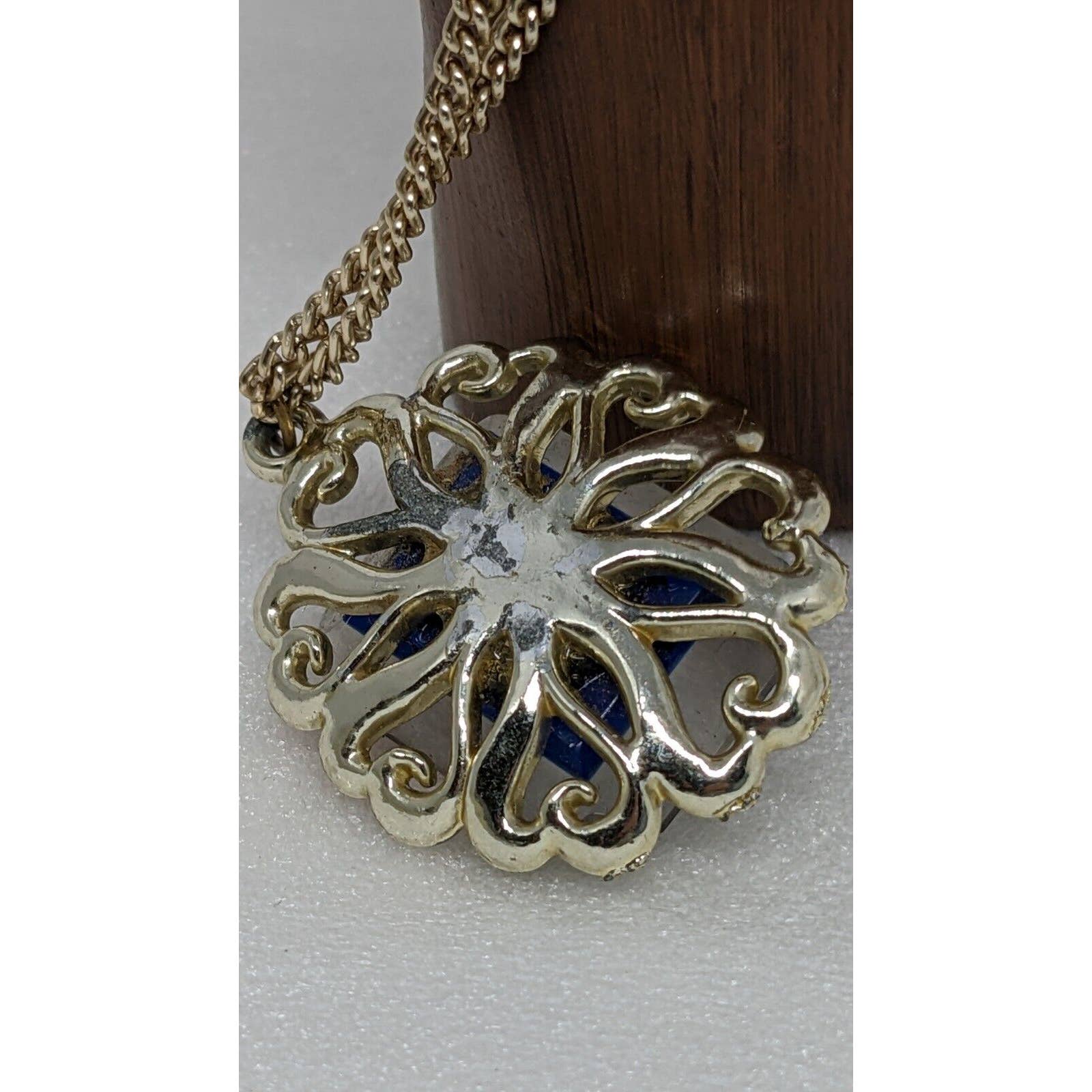 Vintage Blue Enamel Lucite Cameo Pendant Medal Miraculous Virgin Mary Necklace - Image 4