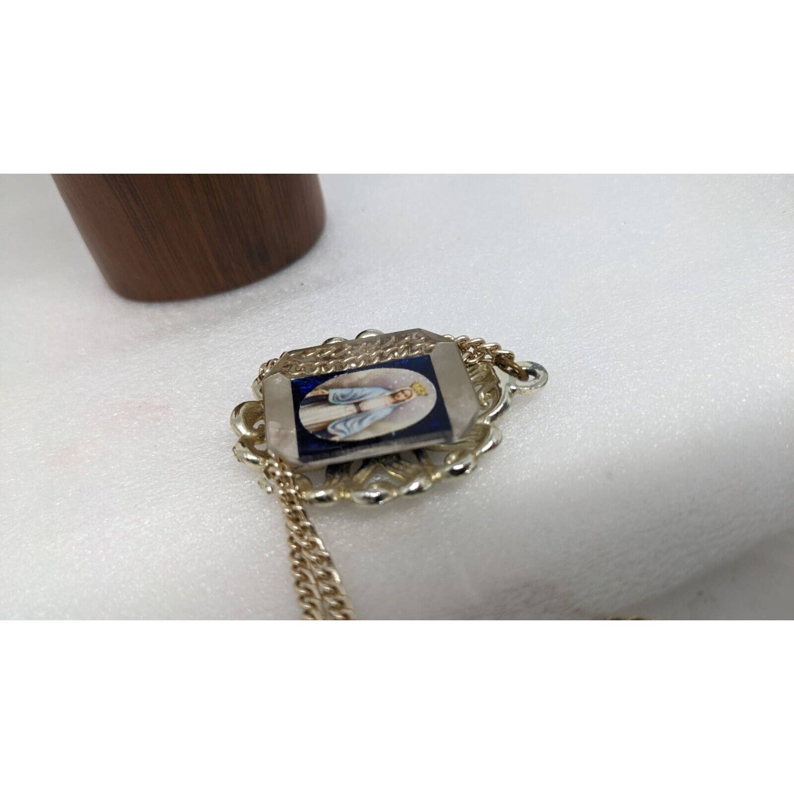 Vintage Blue Enamel Lucite Cameo Pendant Medal Miraculous Virgin Mary Necklace - Image 5