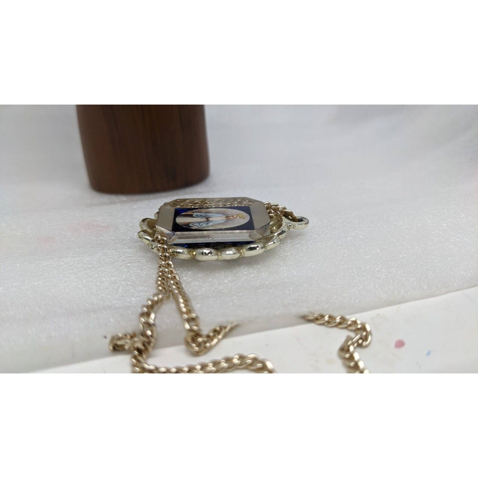 Vintage Blue Enamel Lucite Cameo Pendant Medal Miraculous Virgin Mary Necklace - Image 6