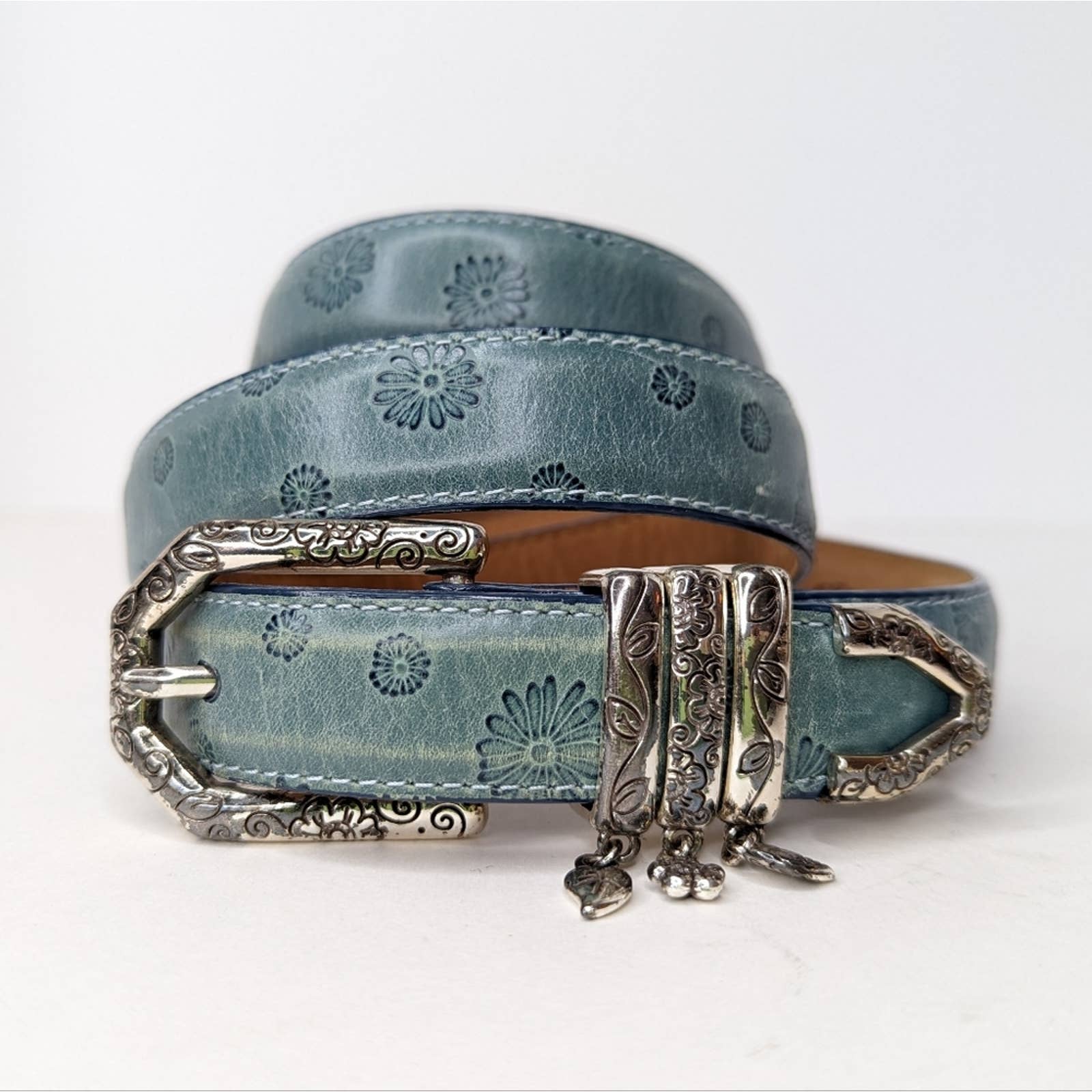 Vintage Blue Leather Floral Belt with Buckle Charms 38 by Brighton - Image 2