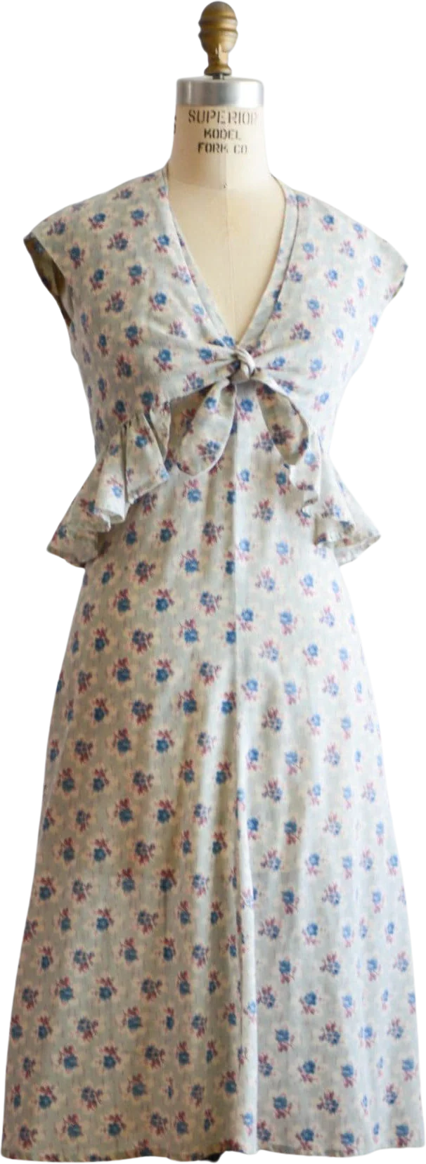 Vintage Blue Roses Print Dress Midi 70s Light Romantic Short Sleeve Two Piece