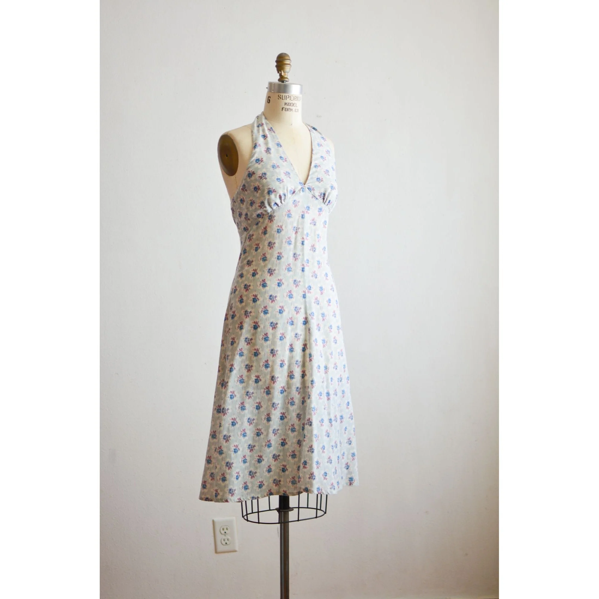 Vintage Blue Roses Print Dress Midi 70s Light Romantic Short Sleeve Two Piece - Image 6