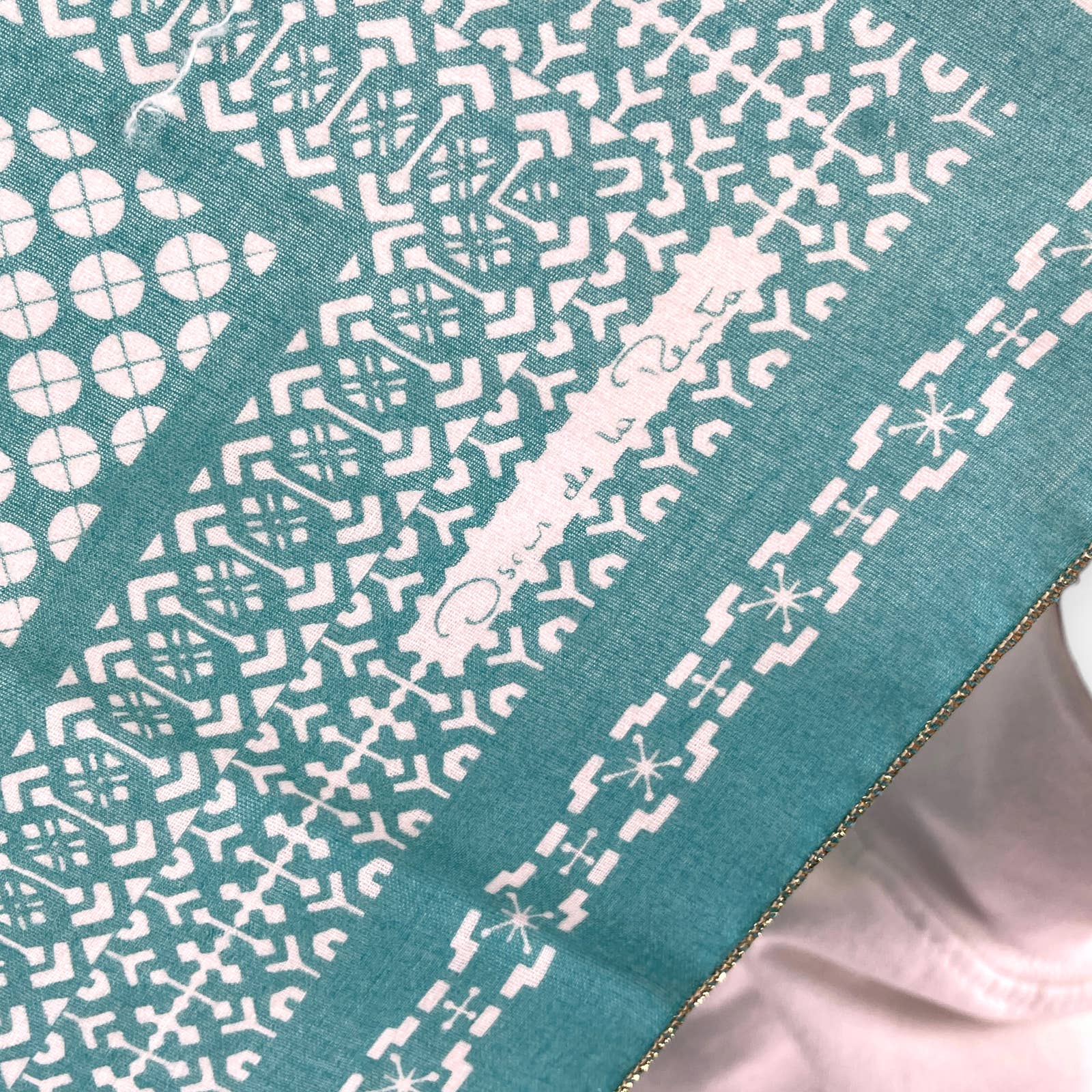 Vintage Blue White Metallic Geometric Square Scarf by Oscar de la Renta - Image 3