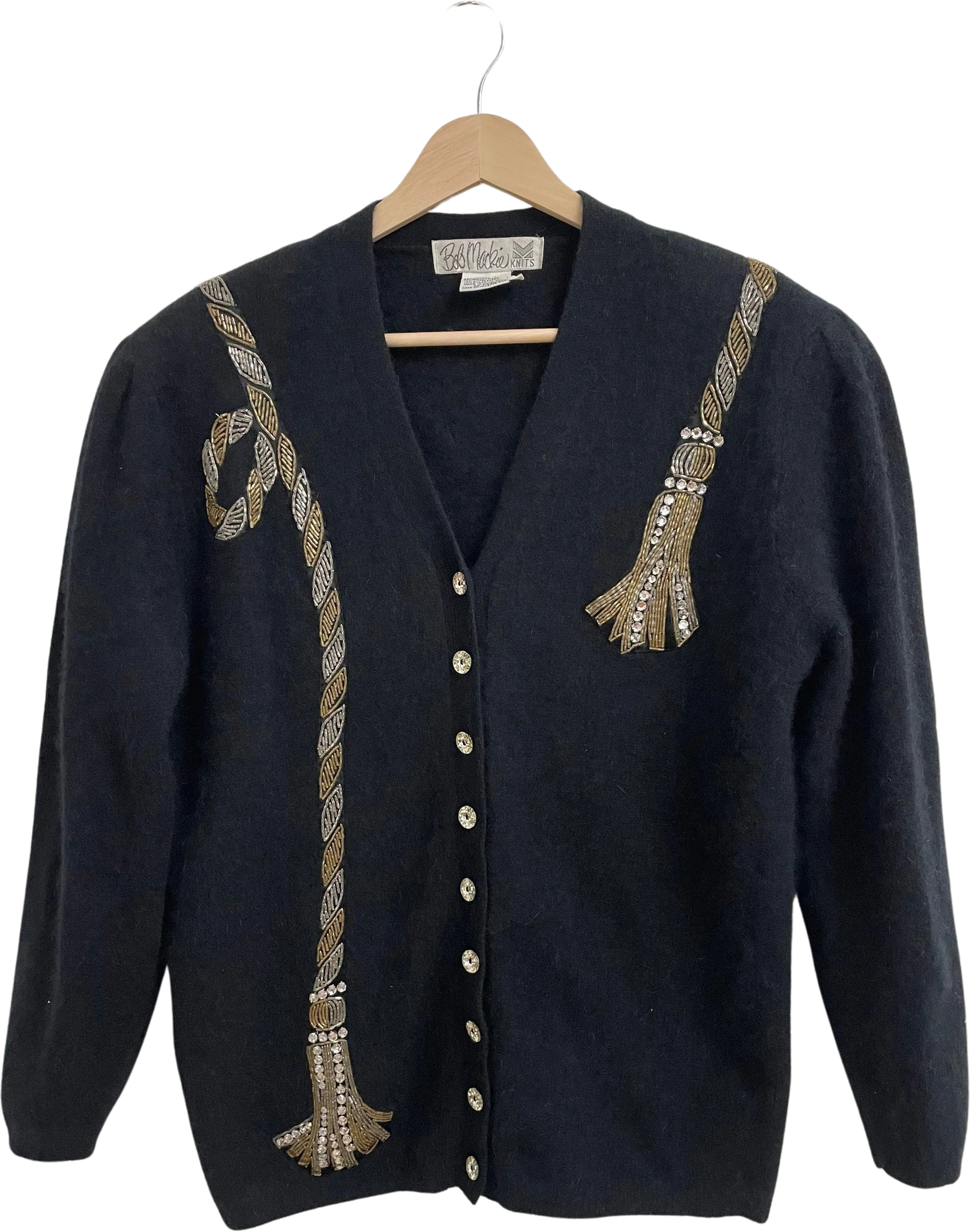 Vintage Bob Mackie Beaded Cardigan Sweater Black Wool and Angora Medium by Bob Mackie