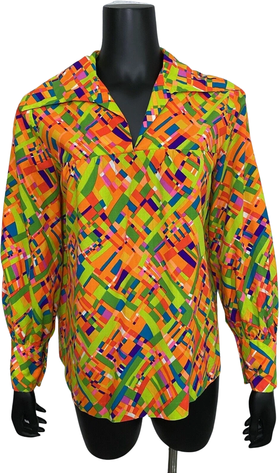 Vintage Bold Neon Handmade Disco Shirt Blouse Wide Collar L 60s Groovy Pub Crawl