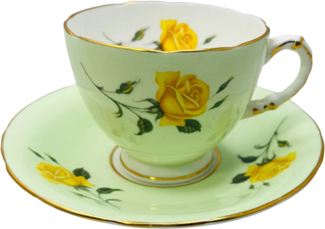 Vintage Bone China Mint Green and Yellow Roses Tea Cup Saucer by Sutherland