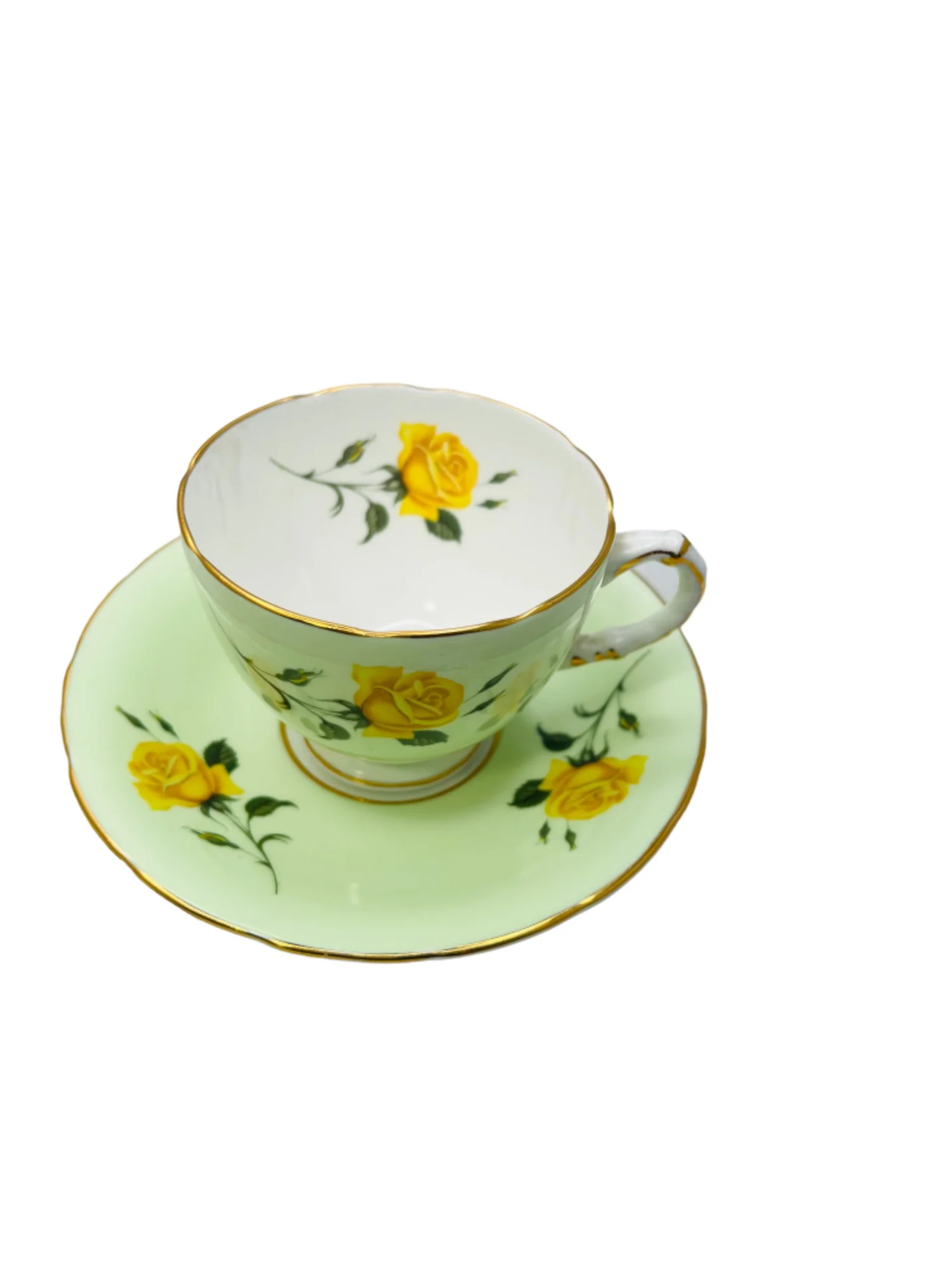 Vintage Bone China Mint Green and Yellow Roses Tea Cup Saucer by Sutherland - Image 3