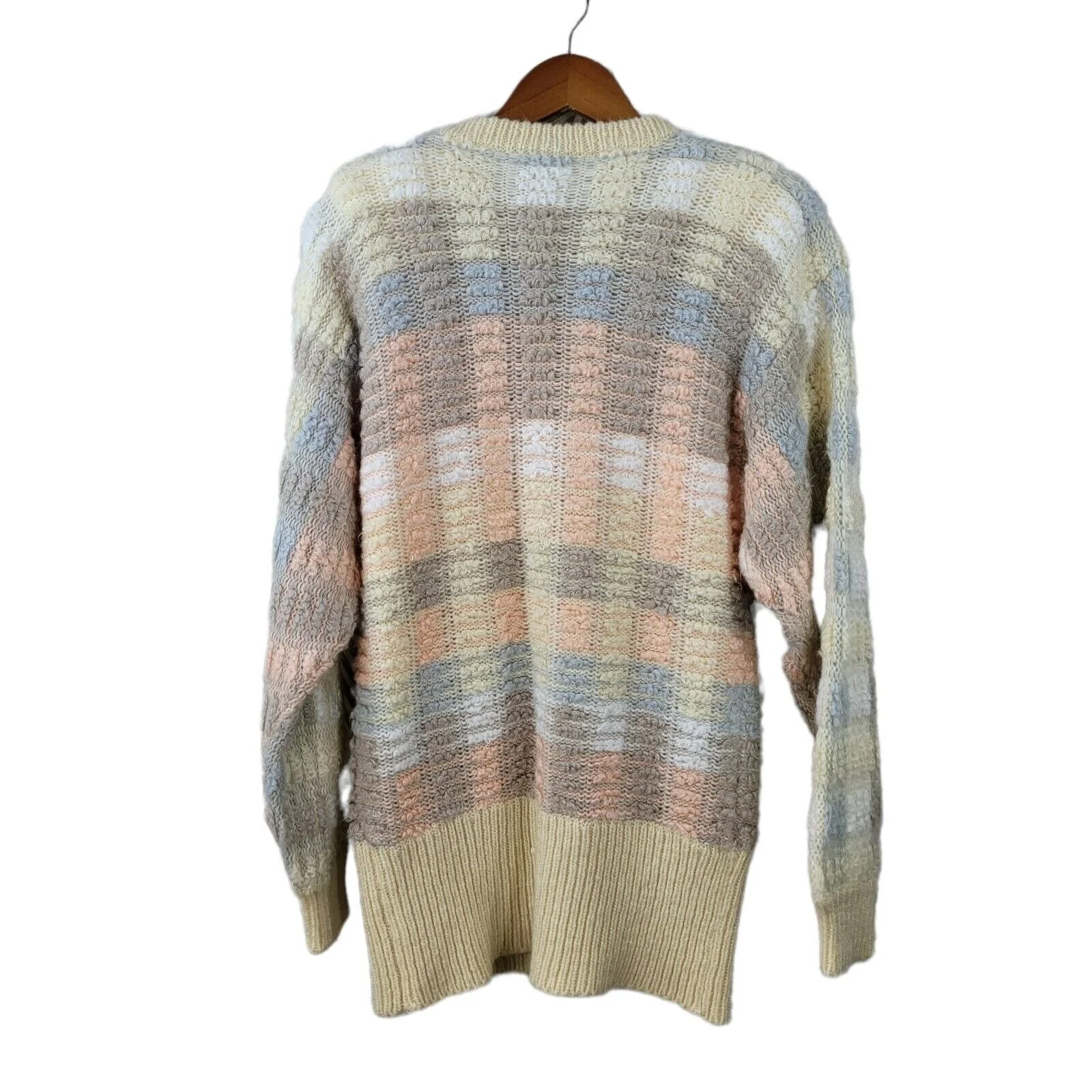 Vintage Boucle Long Cardigan Sweater Jacket Oversize Size Small Pink Blue Preppy - Image 5