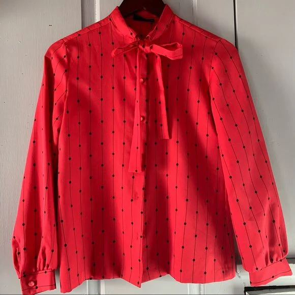 Vintage Bow Blouse 80s Dot Geo Print Deep Pink with Black Size 6 by St. Germain - Image 13