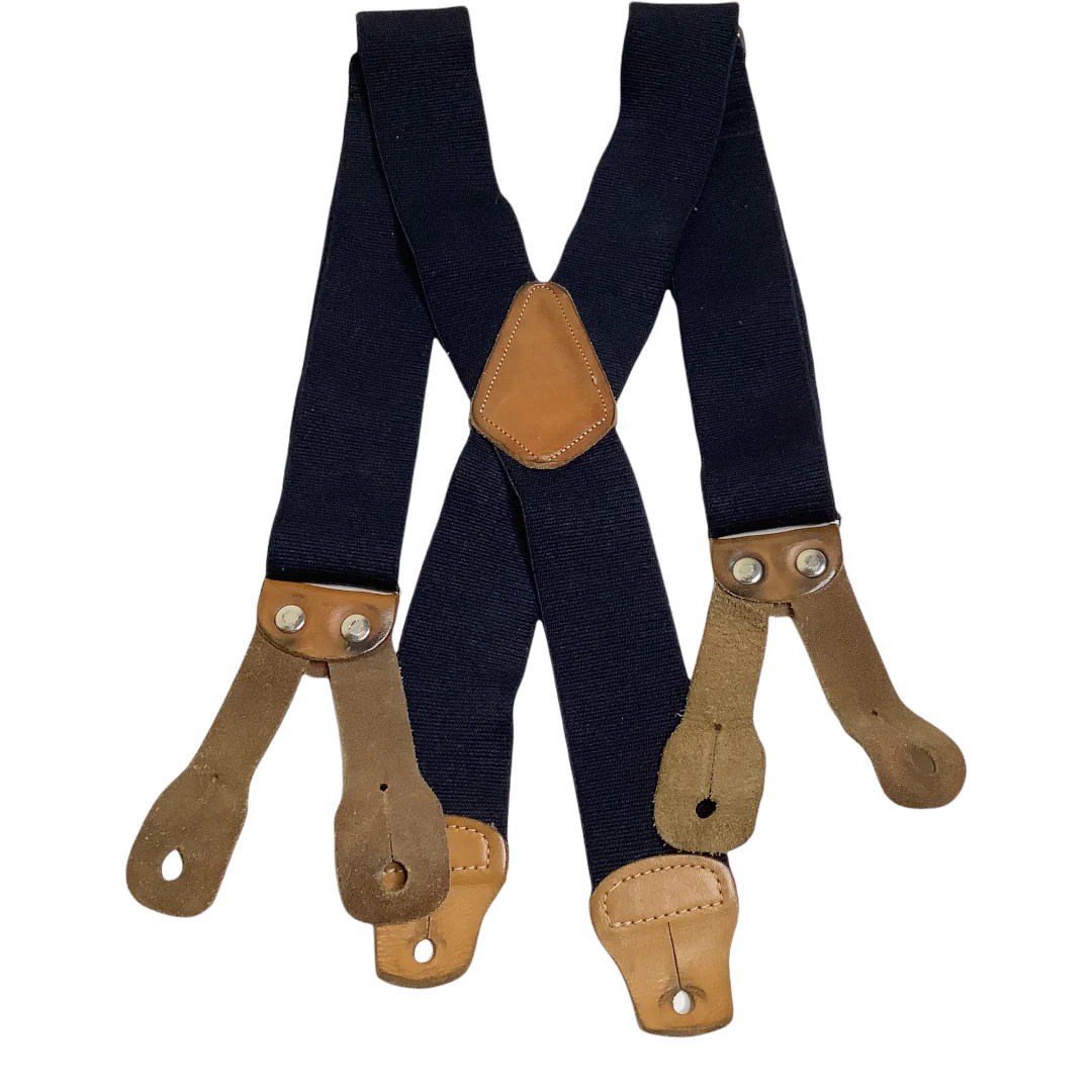 Vintage Braces Suspenders Black Brown Leather Loop Fitting Y Back Rockabilly 43" - Image 3