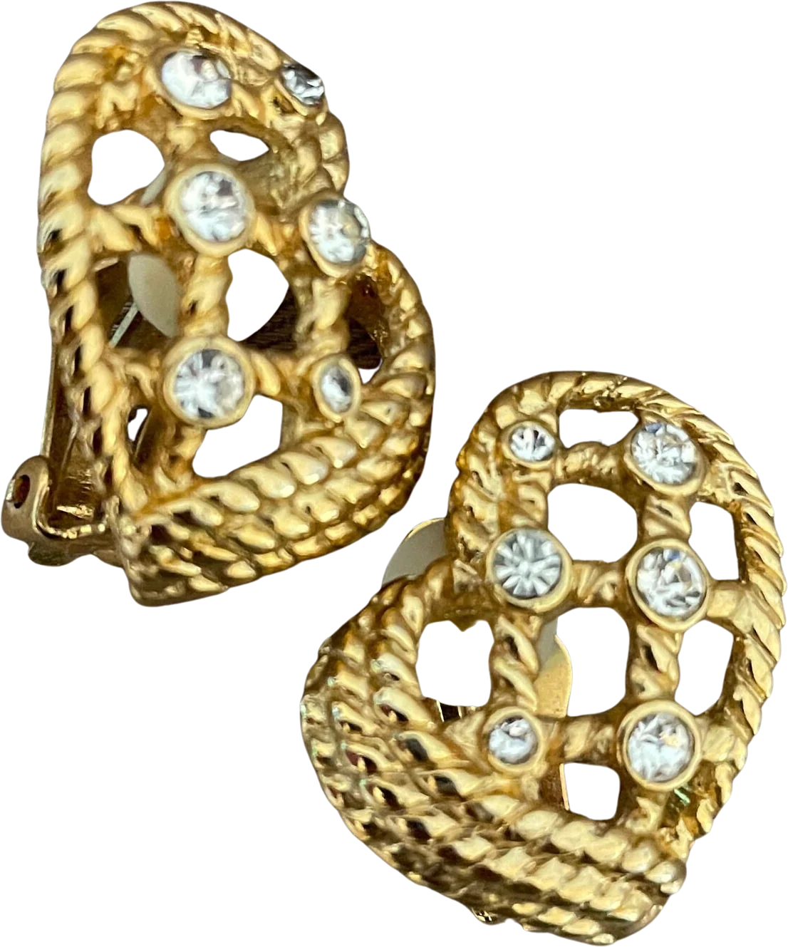Vintage Braided Rope Gold Tone Clip-On Statement Earrings with Crystal Accent