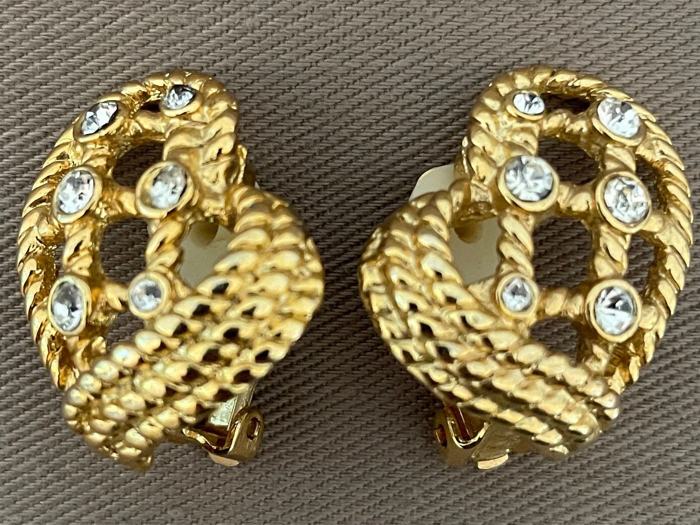 Vintage Braided Rope Gold Tone Clip-On Statement Earrings with Crystal Accent - Image 2