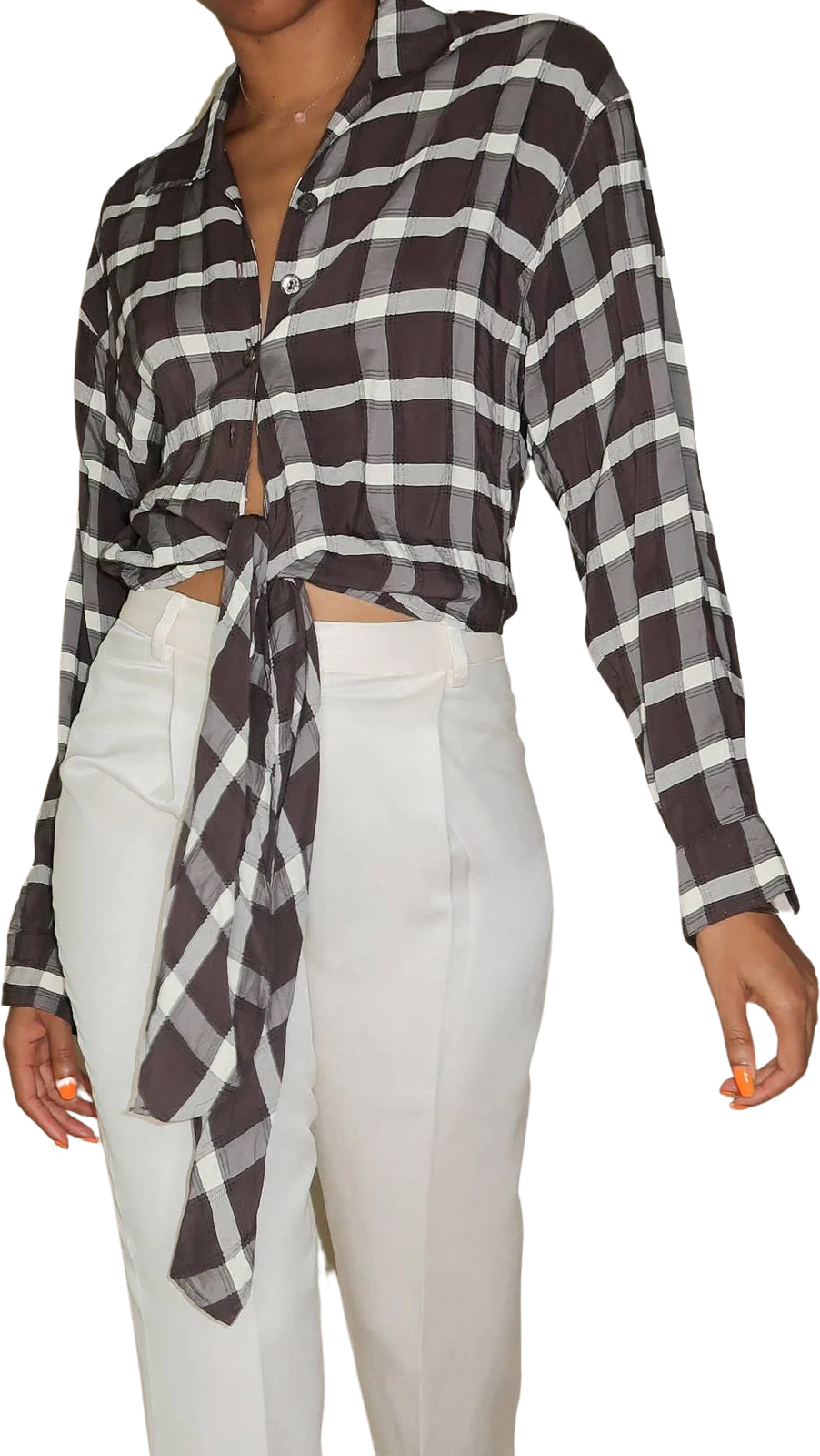 Vintage Brown and Cream Plaid Cropped Collared Blouse with Front Ties by Ice by ice