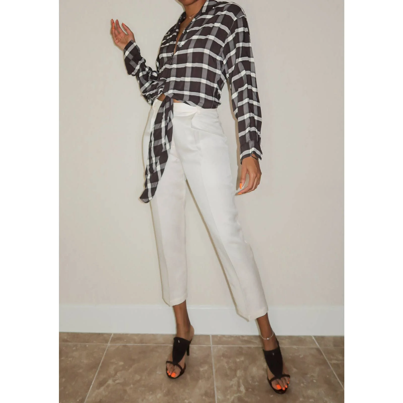 Vintage Brown and Cream Plaid Cropped Collared Blouse with Front Ties by Ice by ice - Image 4