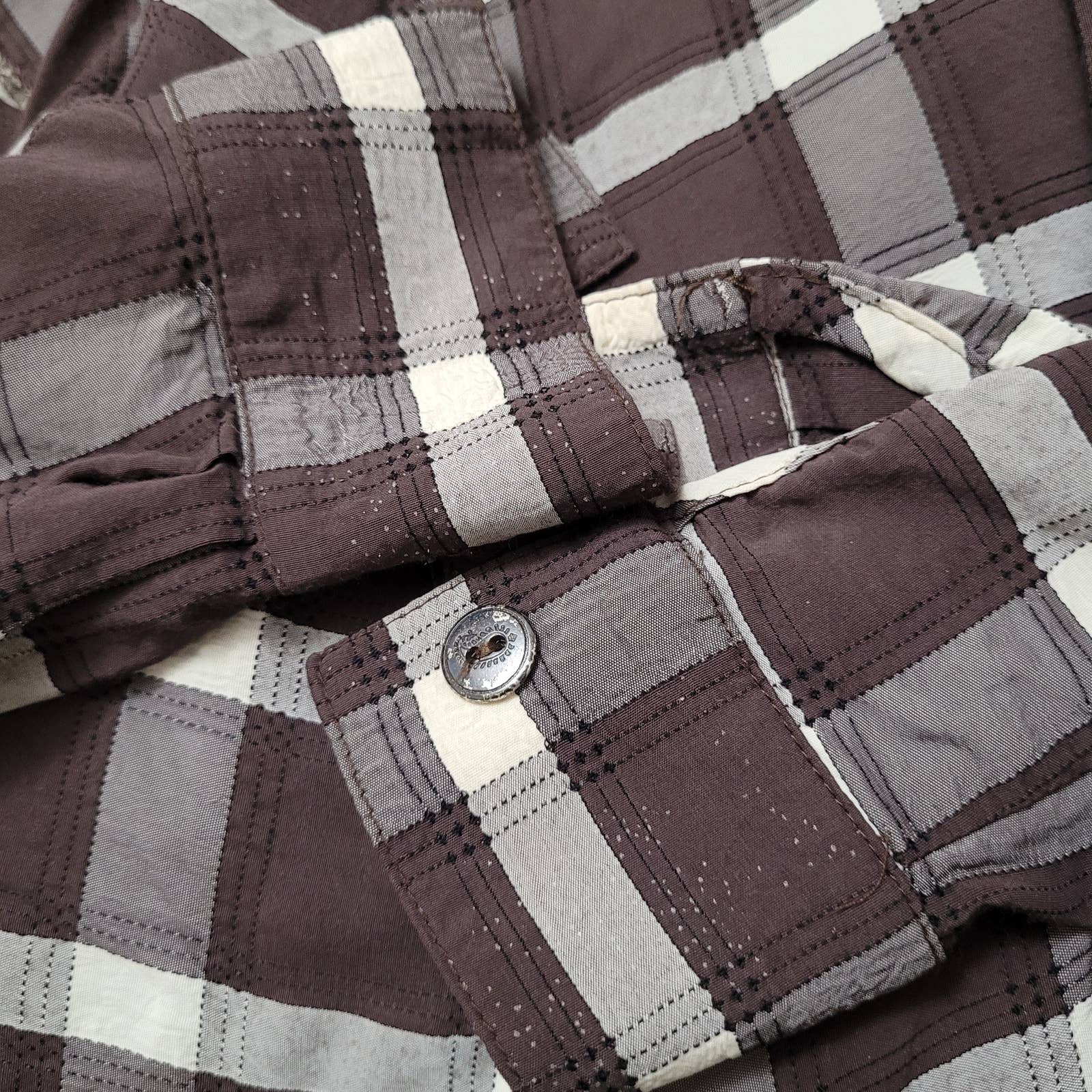Vintage Brown and Cream Plaid Cropped Collared Blouse with Front Ties by Ice by ice - Image 7