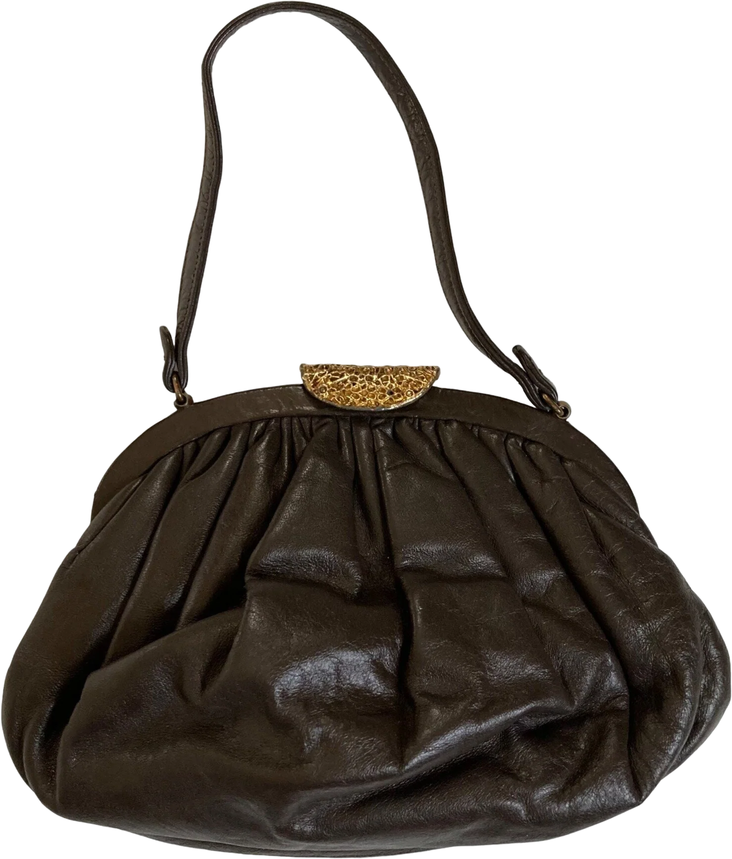 Vintage Brown Leather Handbag Clutch Brutalist Gold Clasp Made In Usa by Ingber