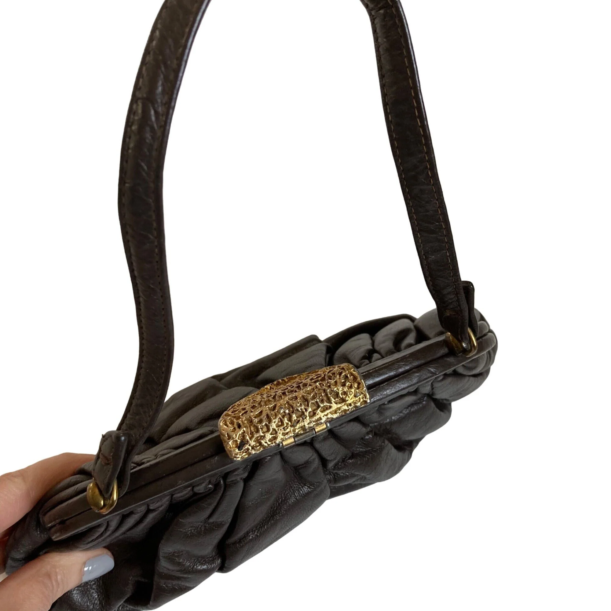 Vintage Brown Leather Handbag Clutch Brutalist Gold Clasp Made In Usa by Ingber - Image 5