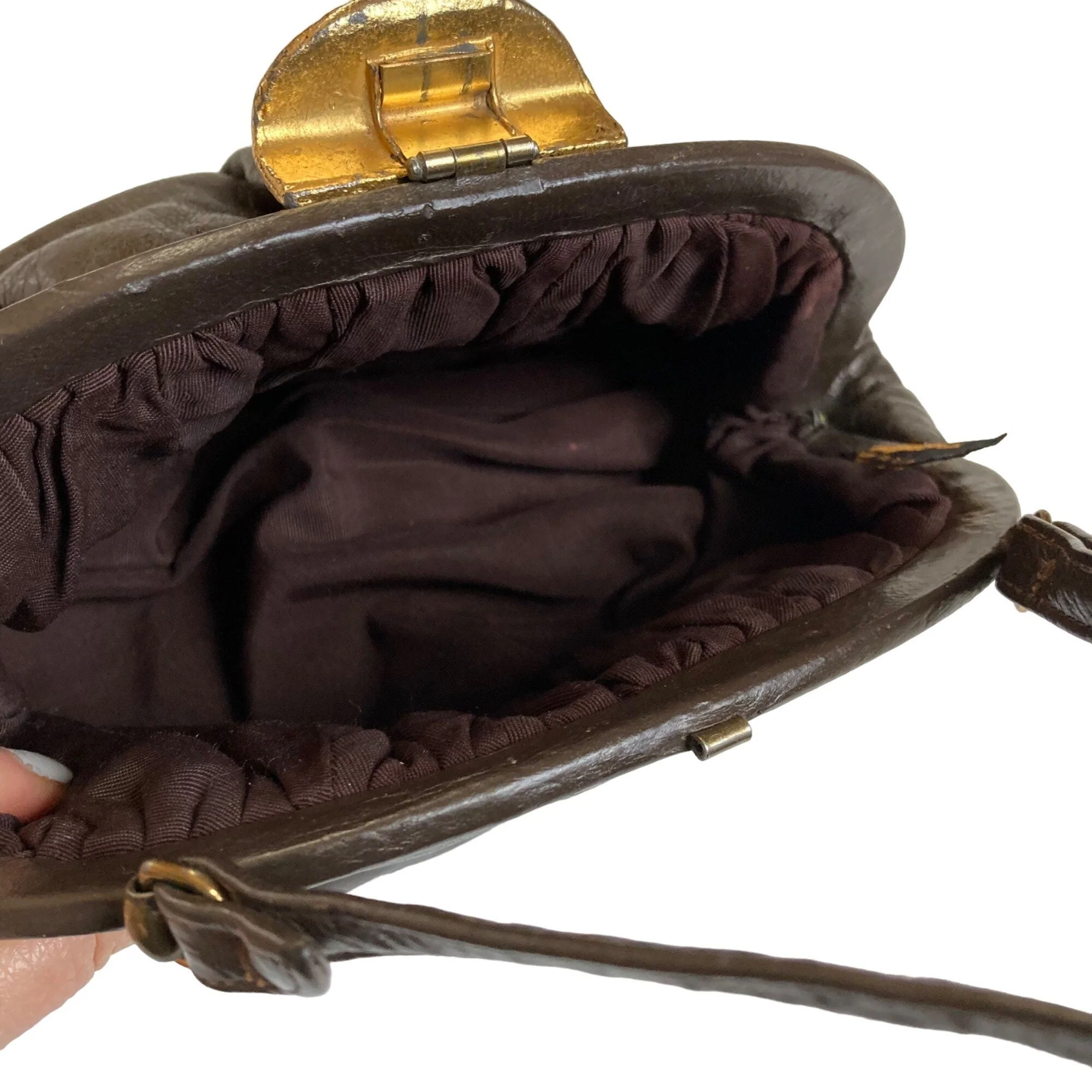 Vintage Brown Leather Handbag Clutch Brutalist Gold Clasp Made In Usa by Ingber - Image 8