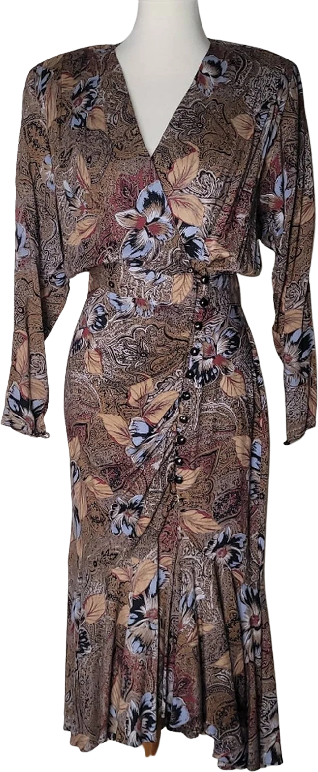 Vintage Brown Long-Sleeved Midi Fishtail Dress with Floral Motif by Barbara Barbara