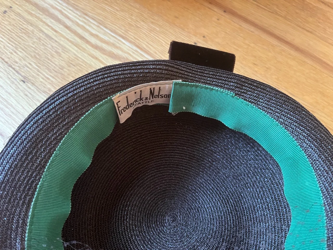 Vintage Brown Straw Hat with Velvet Ribbon by Frederick & Nelson Seattle - Image 5