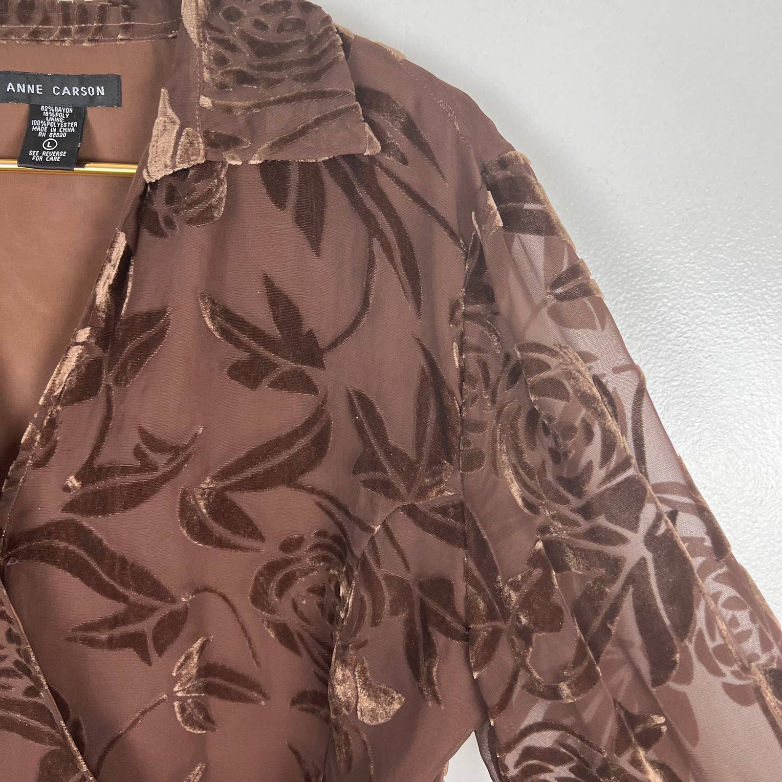 Vintage Brown Velvet Burnout Floral Wrap Top Side Tie Blouse Sz L by Ann Carson - Image 5