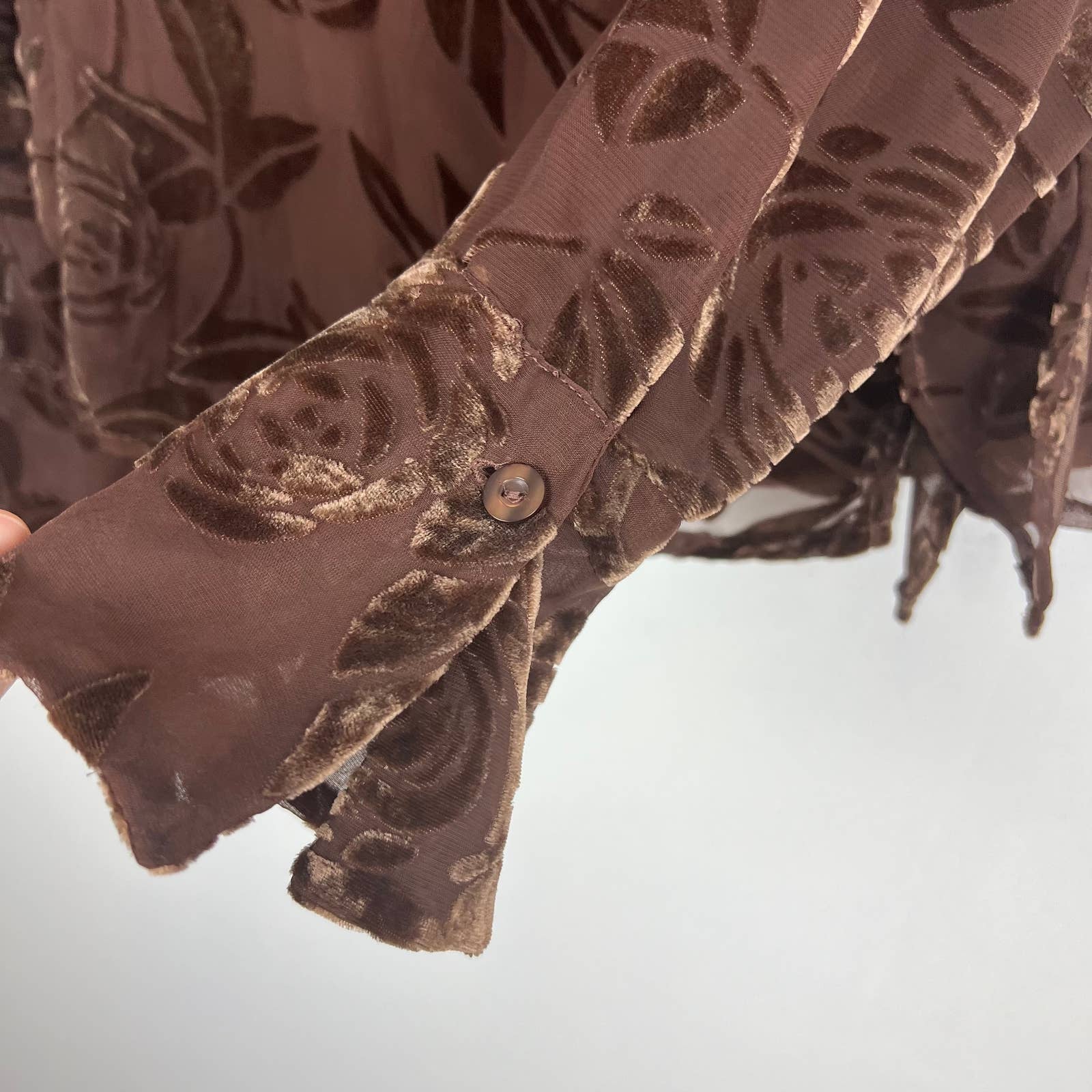 Vintage Brown Velvet Burnout Floral Wrap Top Side Tie Blouse Sz L by Ann Carson - Image 7