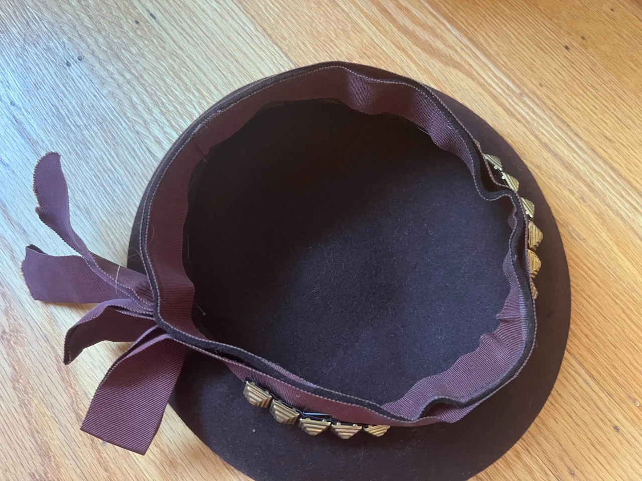 Vintage Brown Wool Hat with Ribbon and Embellished - Image 3