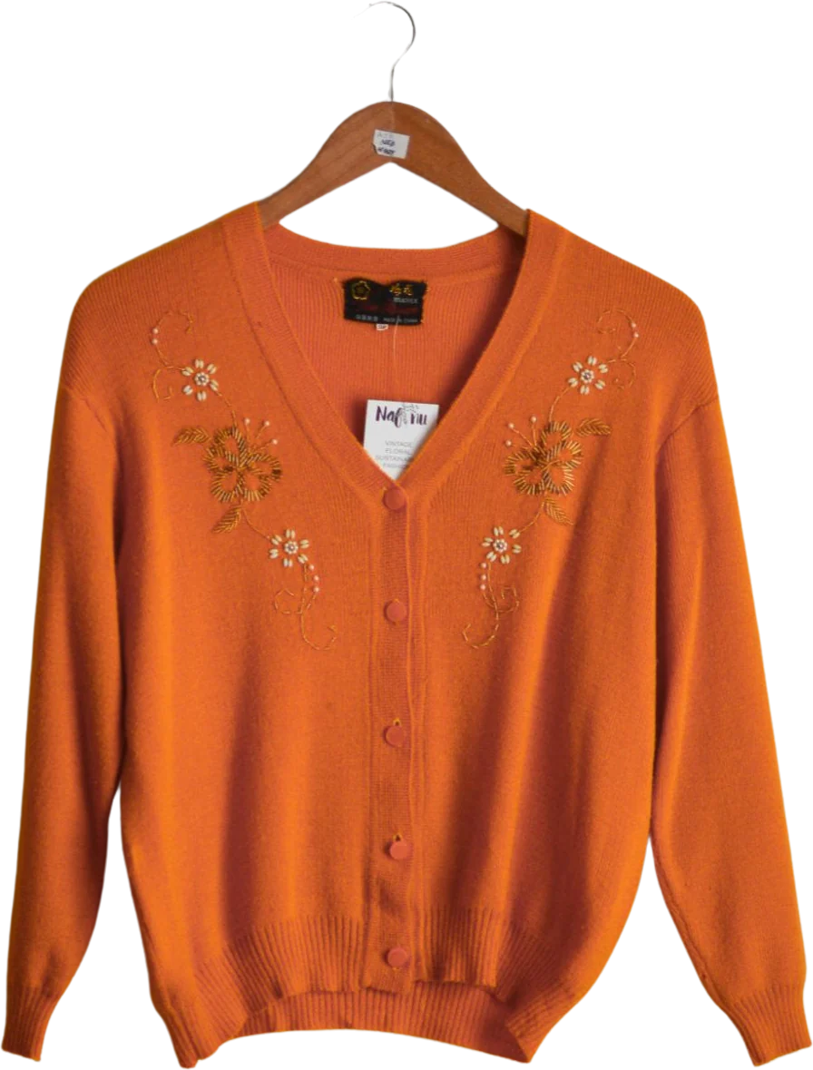Vintage Buttoned Down Sweater 70s Mustard Marigold Medium Beaded Romantic Floral by Peum Blossom