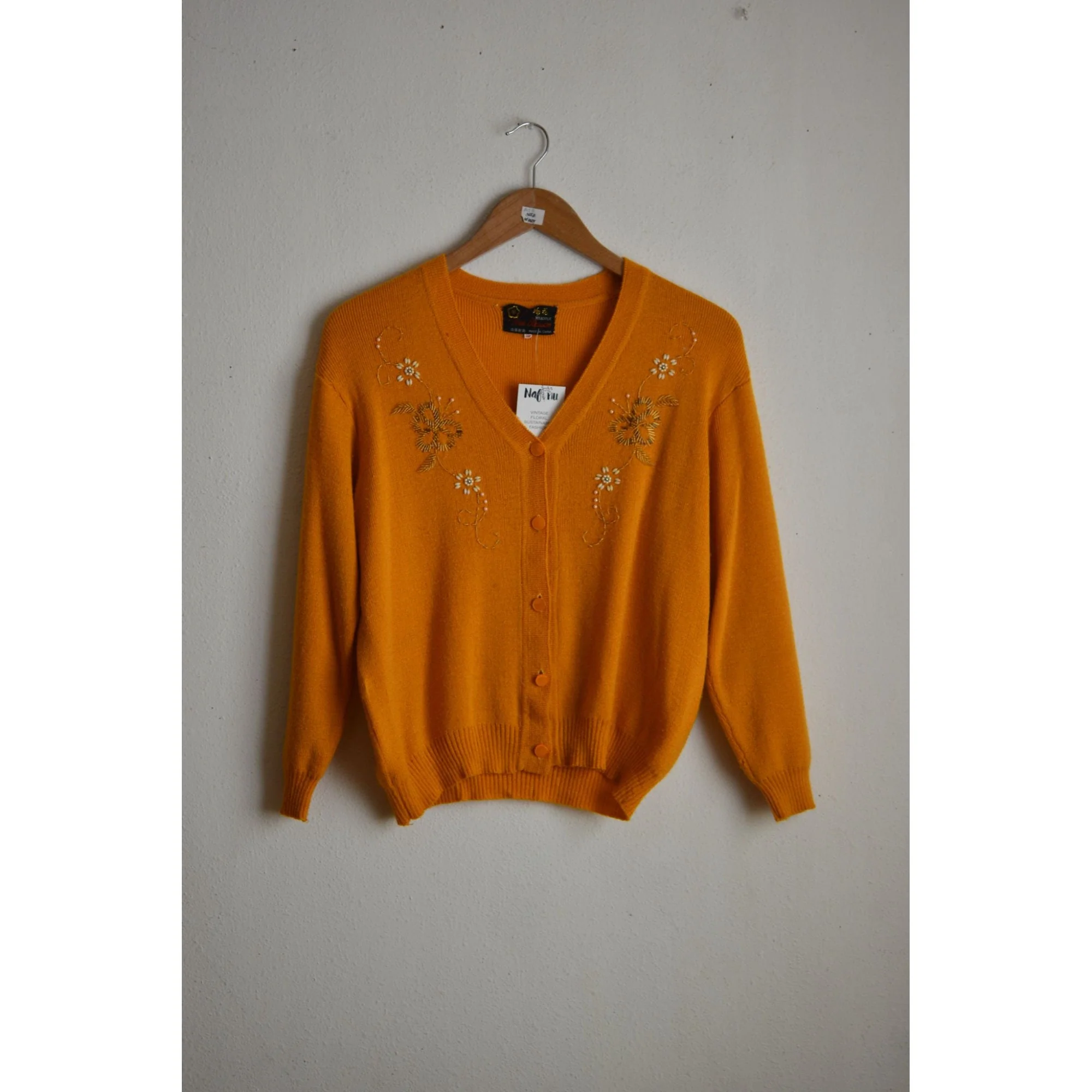 Vintage Buttoned Down Sweater 70s Mustard Marigold Medium Beaded Romantic Floral by Peum Blossom - Image 4