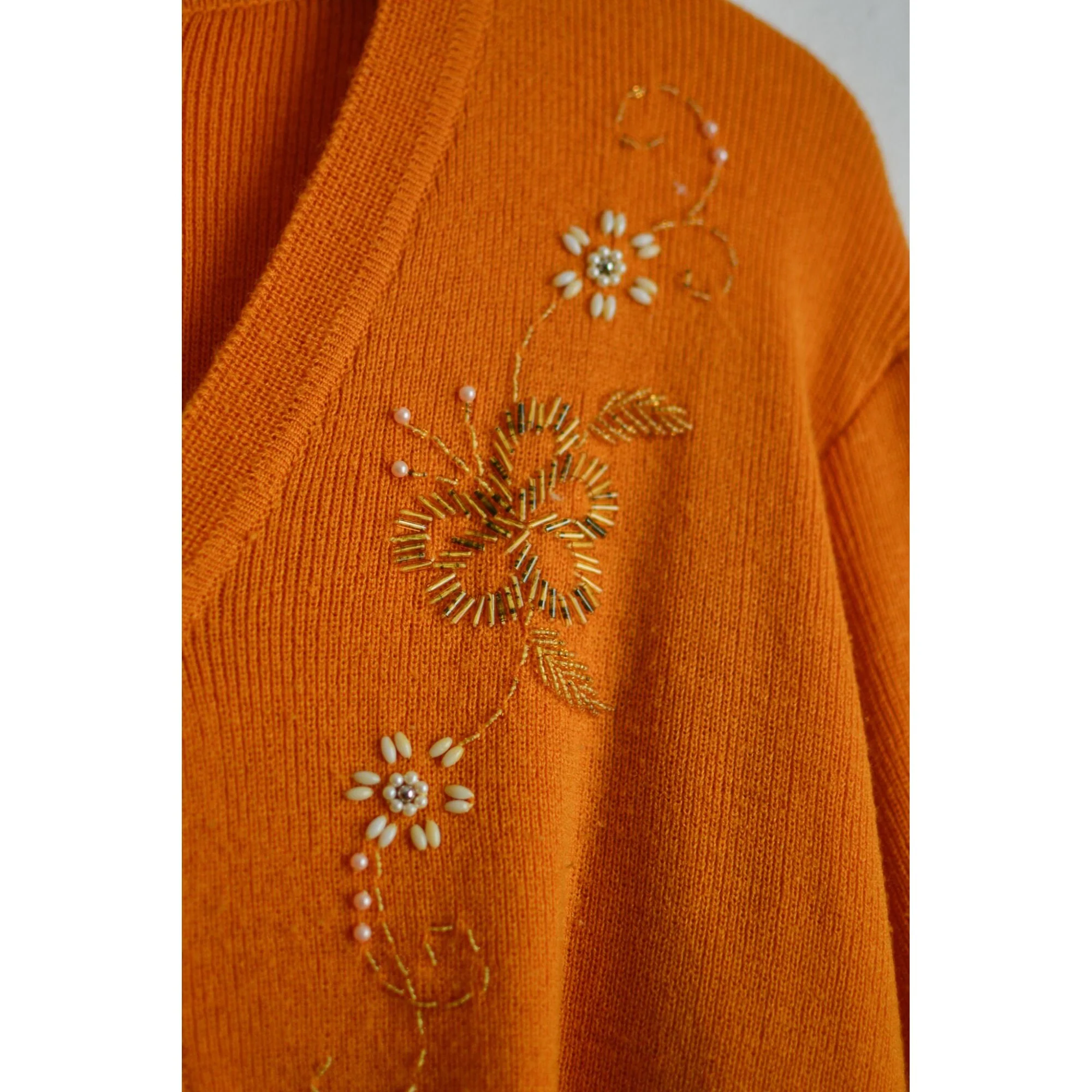Vintage Buttoned Down Sweater 70s Mustard Marigold Medium Beaded Romantic Floral by Peum Blossom - Image 5