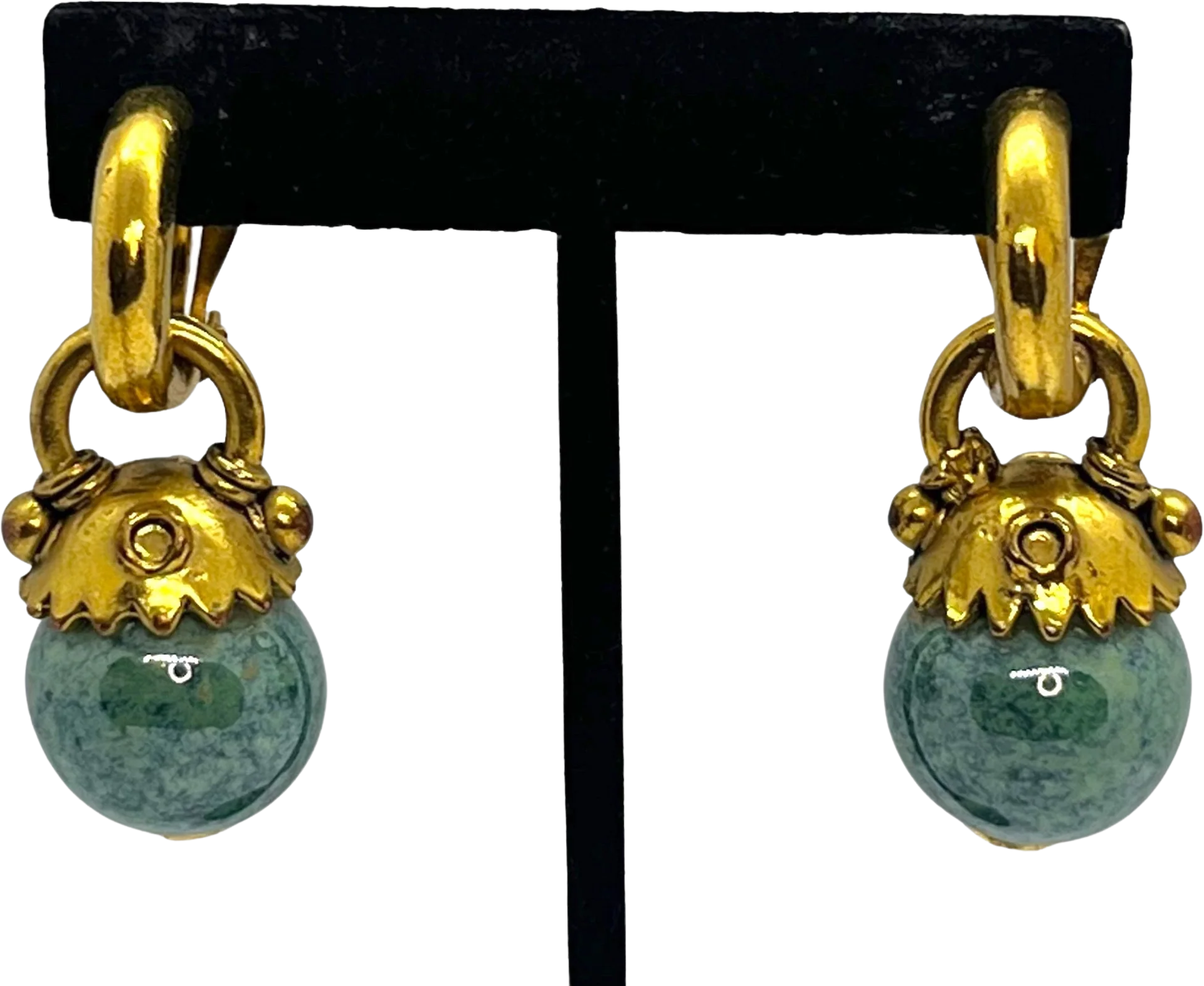 Vintage Byzantine Etruscan Drop Hoop Earrings 80s 90s Runway Couture Chunky Matte Gold Green Glass Beaded