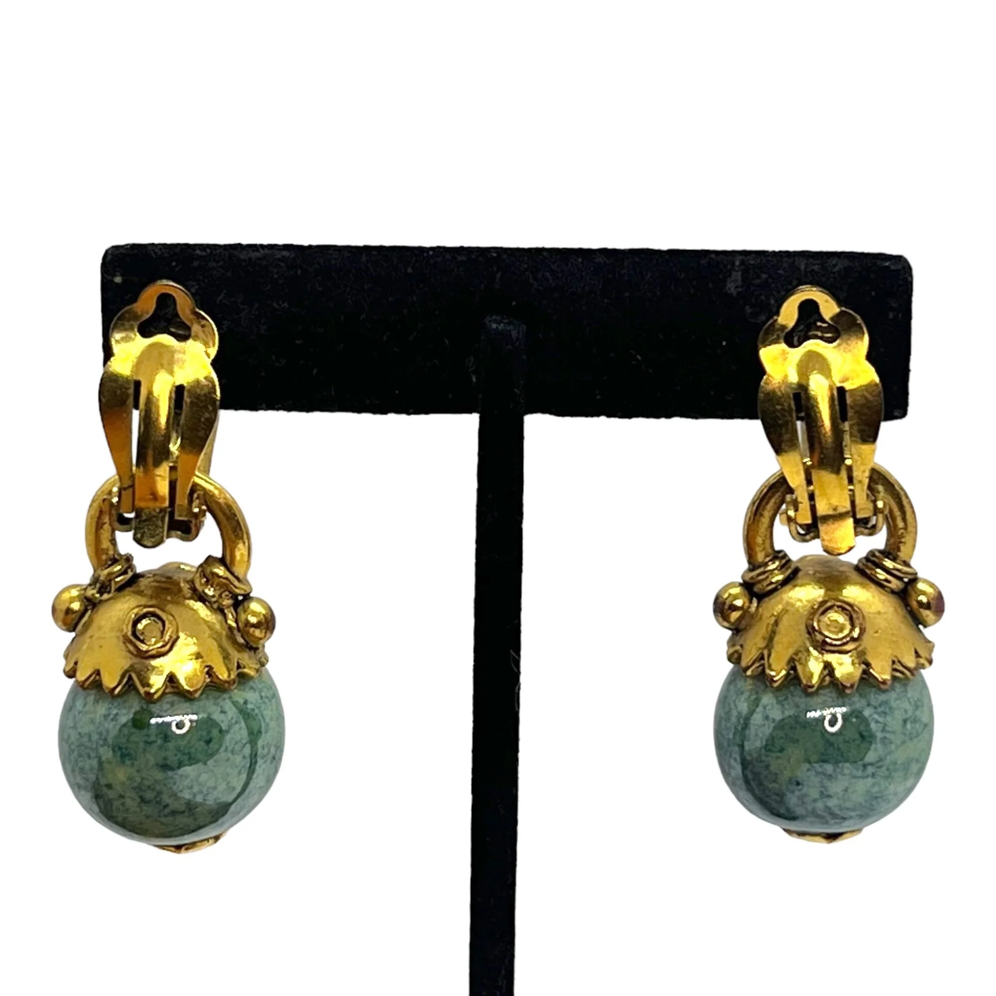 Vintage Byzantine Etruscan Drop Hoop Earrings 80s 90s Runway Couture Chunky Matte Gold Green Glass Beaded - Image 4