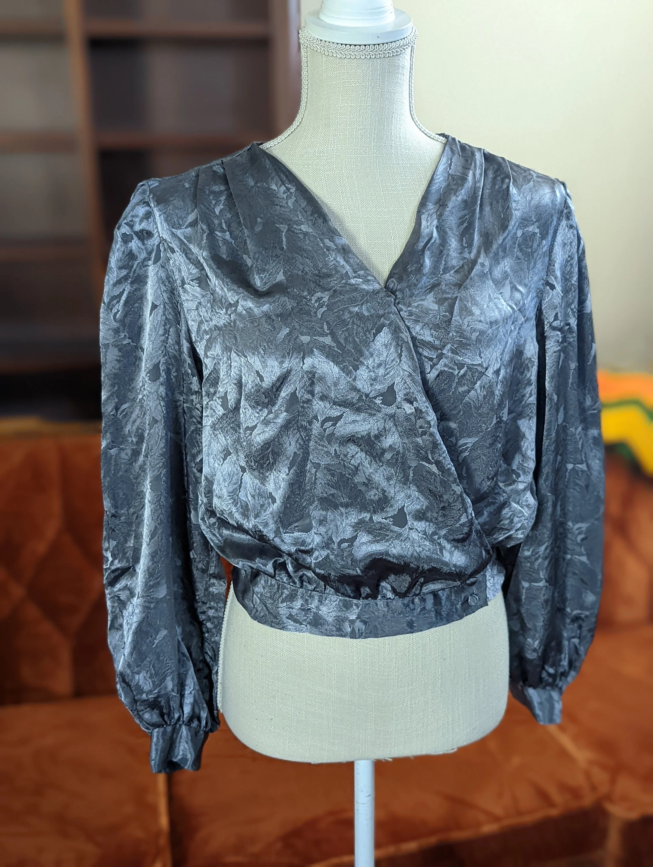 Vintage Cabrais Blue Gray Wrap Metallic Blouse with Long Sleeves and Buttons - Image 3