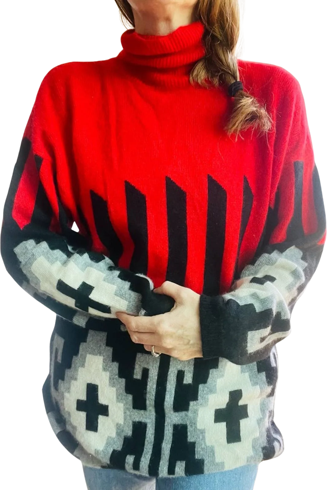 Vintage Cahsmere Sweater Turtleneck Knit Geometrical Design Red/black L by Neiman Marcus