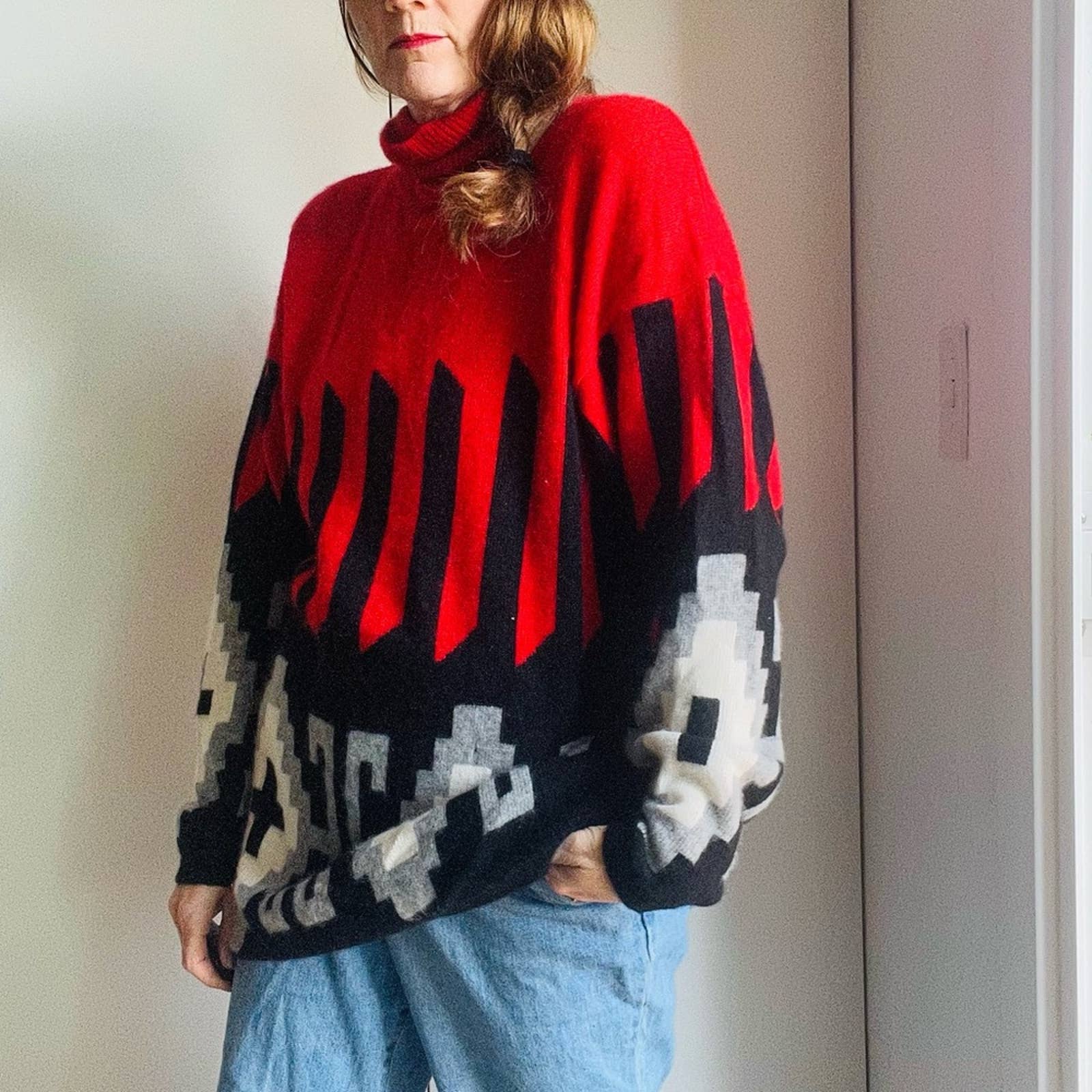 Vintage Cahsmere Sweater Turtleneck Knit Geometrical Design Red/black L by Neiman Marcus - Image 10