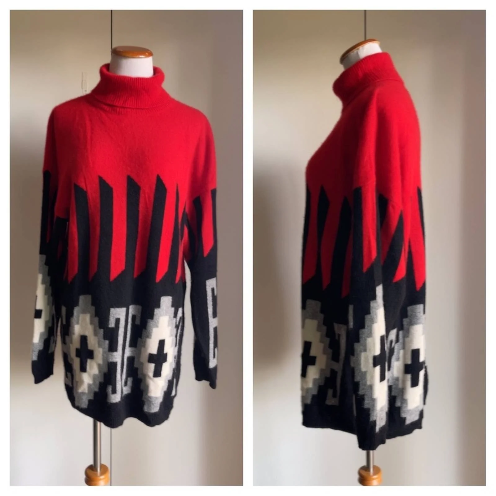Vintage Cahsmere Sweater Turtleneck Knit Geometrical Design Red/black L by Neiman Marcus - Image 2